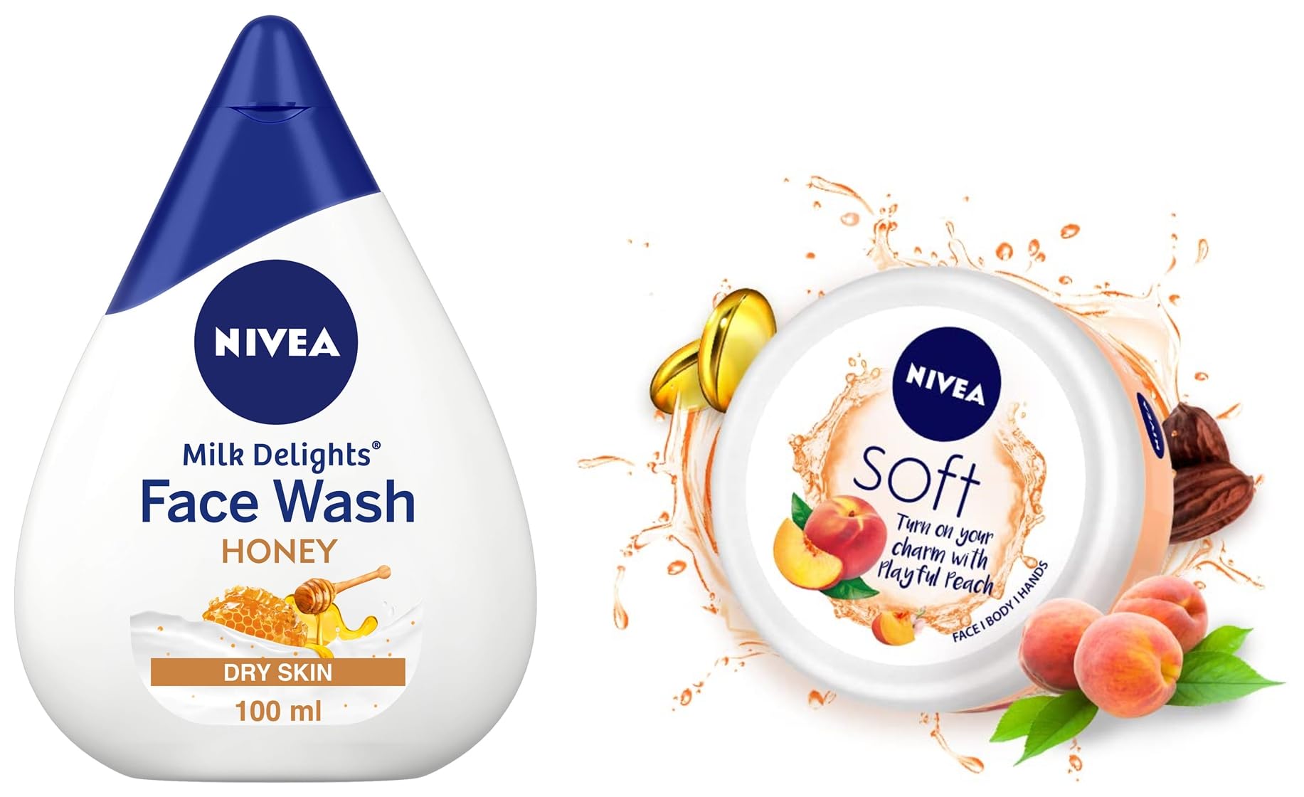 Nivea Soft Light Moisturizing Cream with Vitamin E & Jojoba Oil - Playful Peach Scent - 100ml Face, Hand & Body Lotion | Nivea Milk Delights Honey Face Wash for Dry Skin - 100ml | Daily Hydration for Soft, Glowing Skin - Perfect for Morning & Night Skincare Routine