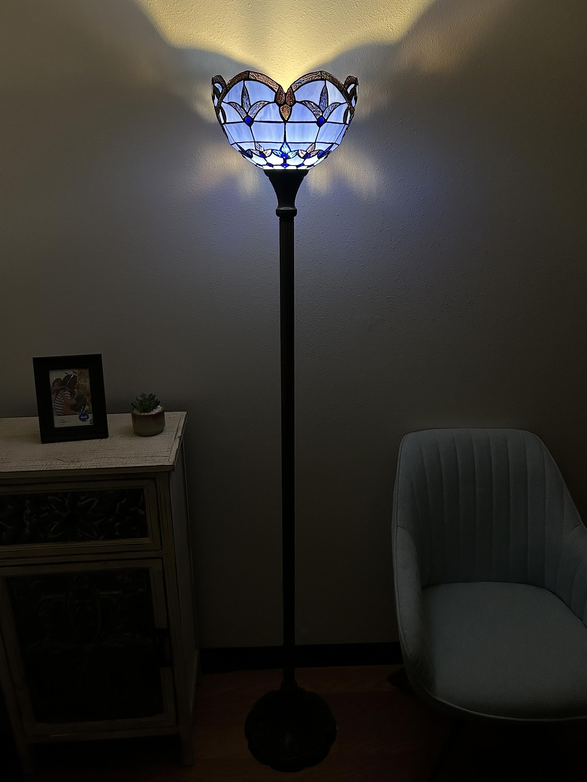 Tiffany Torch Floor Lamp with Blue Stained Glass - Baroque Style LED Floor Light with Included Lavender Bulb for Living Room, Bedroom, Office Decor - 66