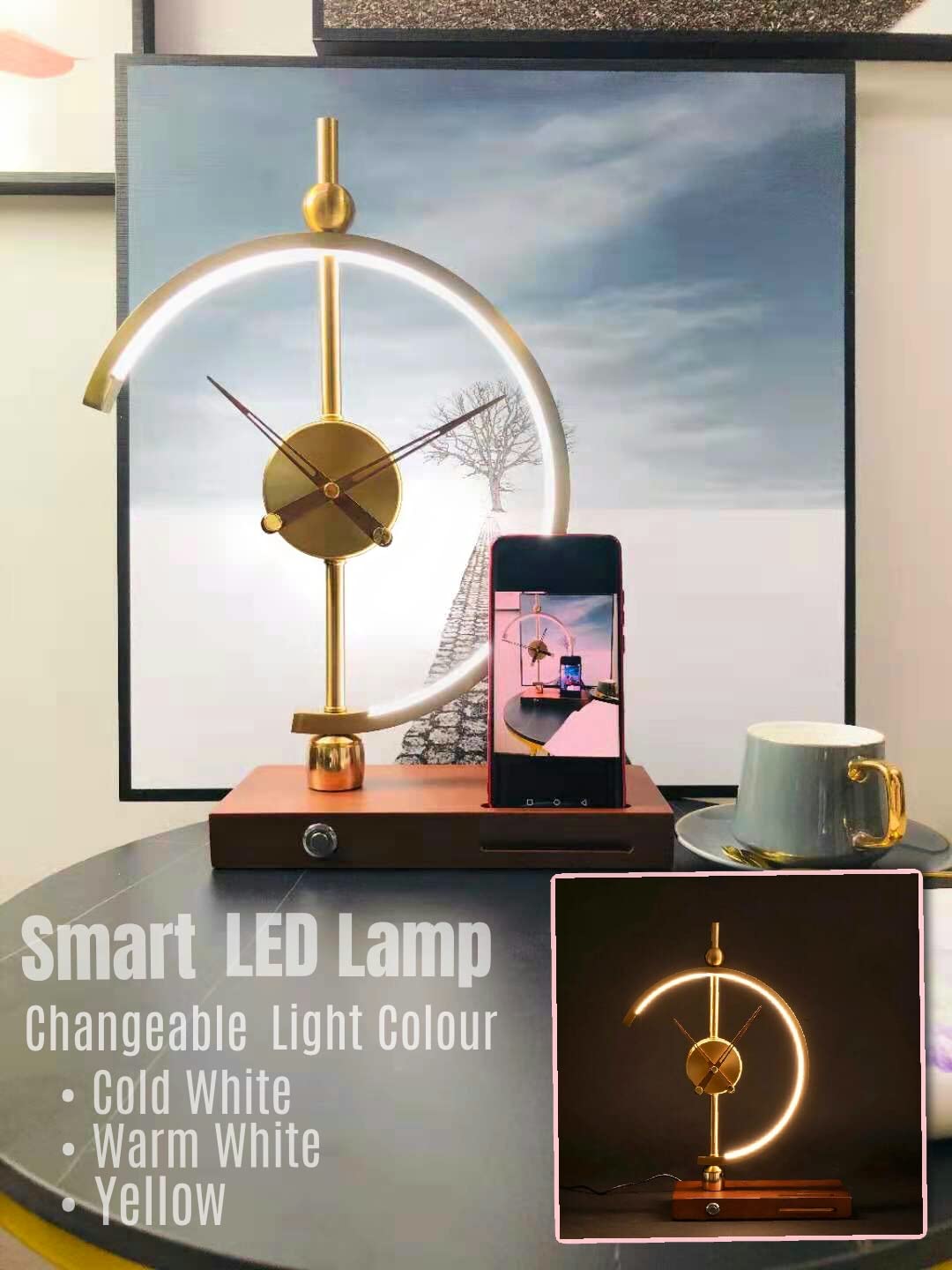 Flavio Russo Golden Time Decorative LED Desk Lamp with 12-Hour Clock, Qi Wireless Charger & USB Port - Perfect for Home Office, Bedroom Nightstand, and Gift Giving