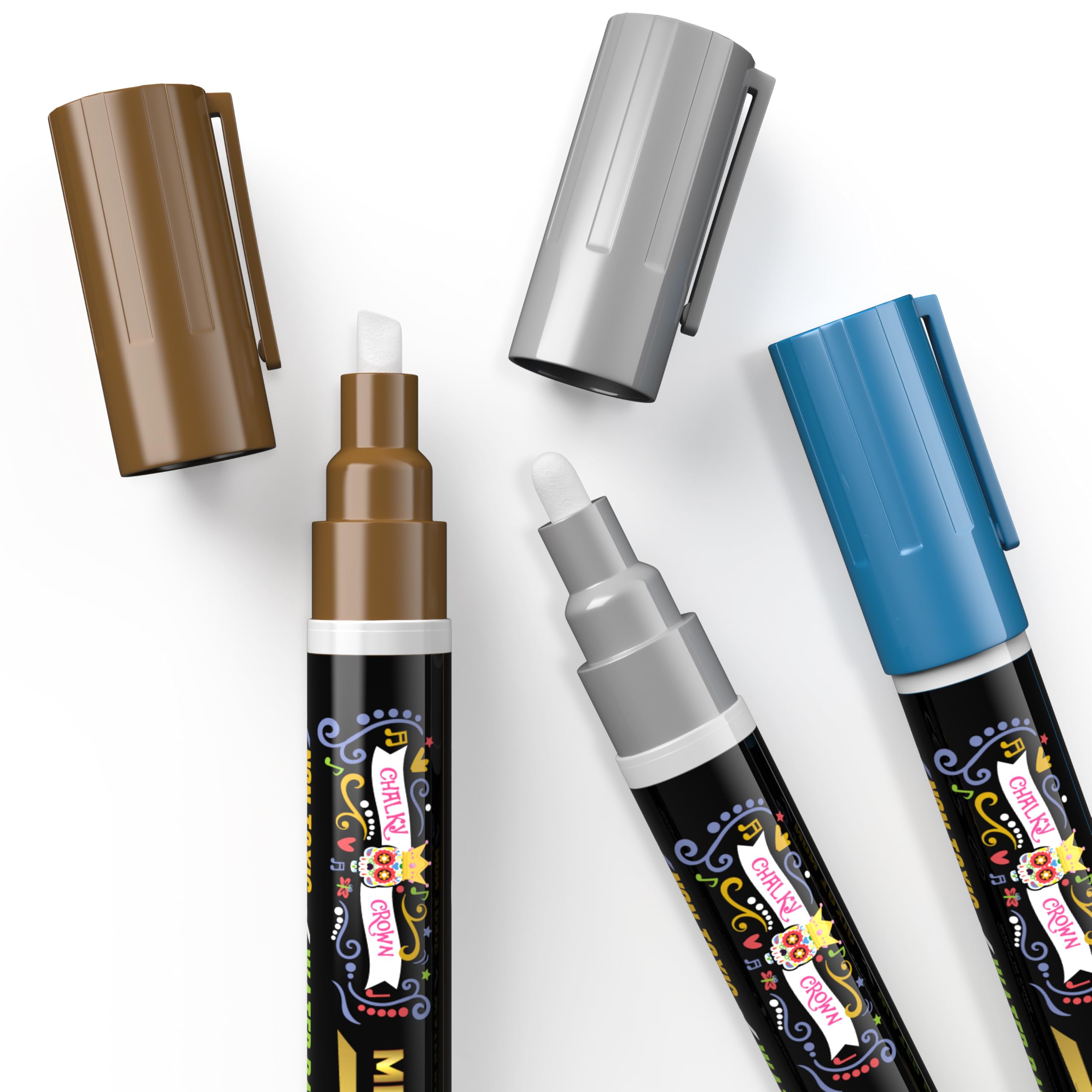 CHALKY CROWN Metallic Liquid Chalk Markers 8 Pack - Reversible Bullet & Chisel Tip Whiteboard Markers for Blackboard, Glass, Mirrors - Non-Toxic, Dust-Free Chalkboard Pens - Perfect for Restaurants, Classrooms & DIY Art Projects