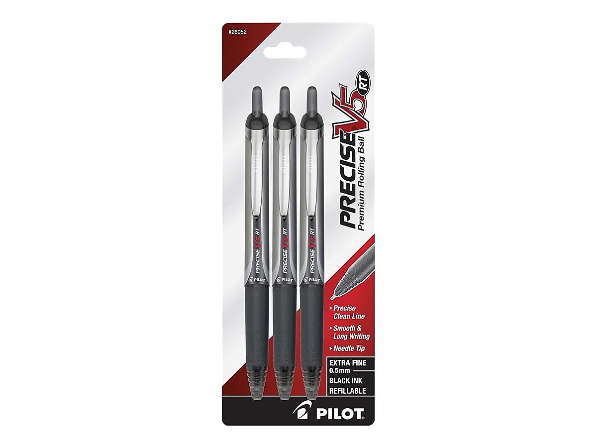PILOT Precise V5 RT Retractable Liquid Ink Rolling Ball Pens - Extra Fine 0.5mm Black Ink - 3-Pack (26052) - Perfect for Office, School & Note Taking