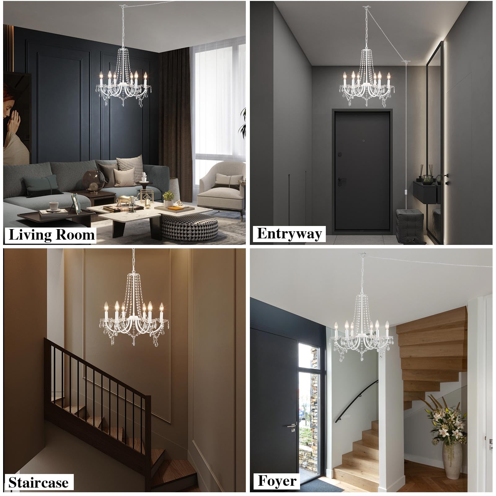 MEIJIA Modern Crystal Chandelier - 6-Light Plug in Ceiling Fixture with 15.75ft Cord, White Mini Chandelier for Dining Room, Bedroom, Bathroom & Hallway | Elegant Lighting for Home Decor & Special Occasions