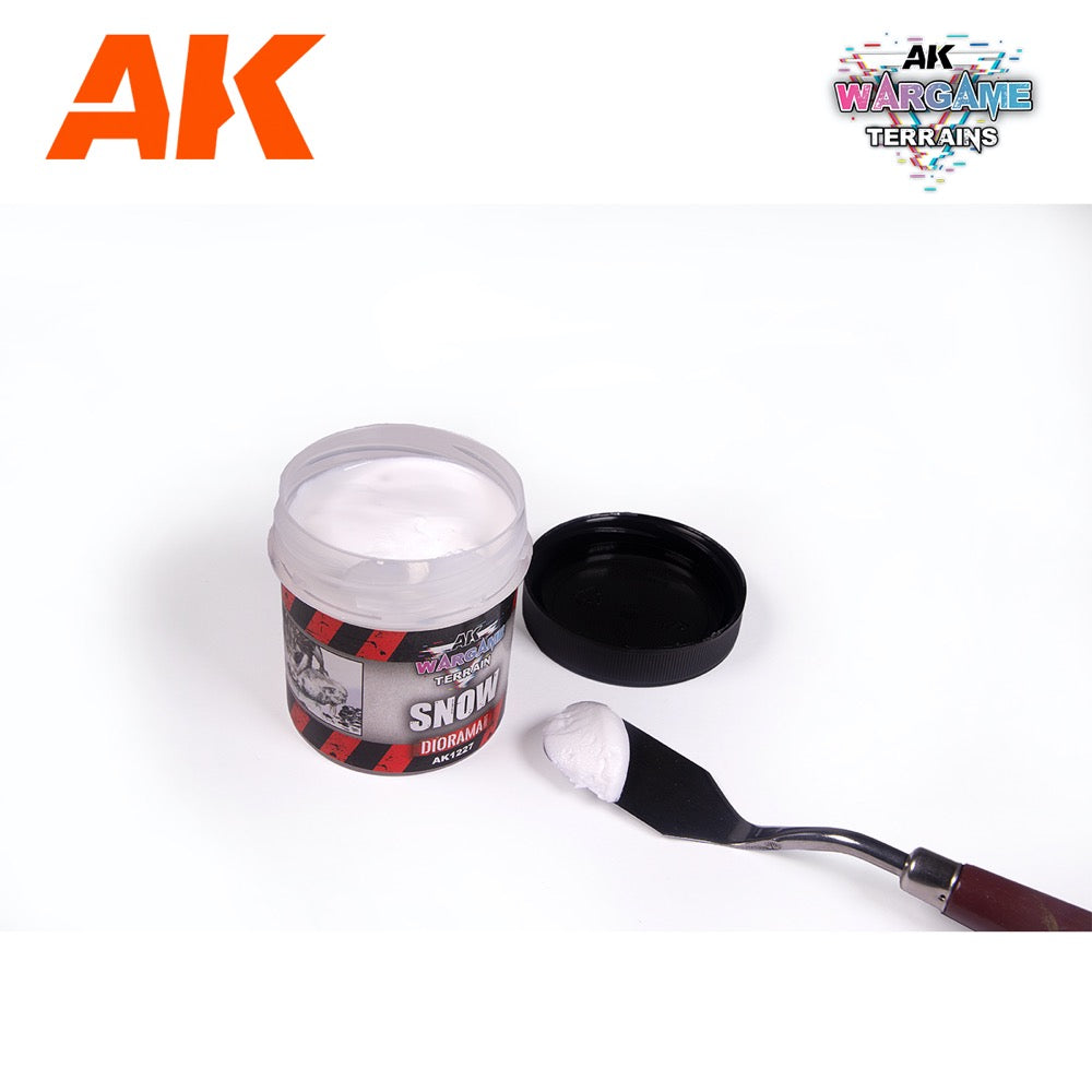 AK Interactive AK1227 Acrylic Snow Effect Paint for Wargame Terrains - 100ml Bottle - Perfect for Miniature Battle Scenes & Winter Dioramas