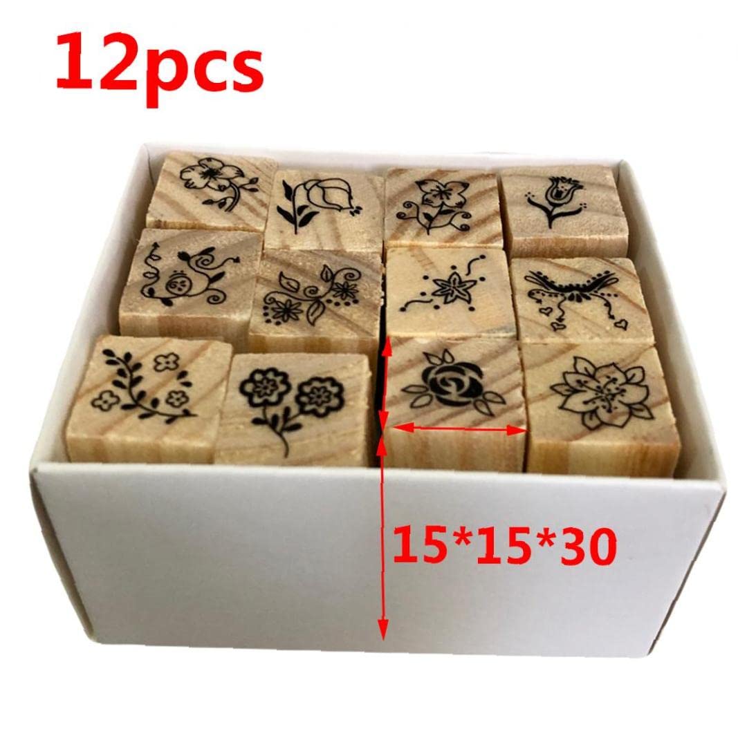 12pcs Floral Wooden Rubber Stamps Set for Scrapbooking, DIY Cards, Journals & Crafting - Rose Flower & Letter Designs - Perfect for Wedding Invitations, Gift Wrapping & Memory Keeping