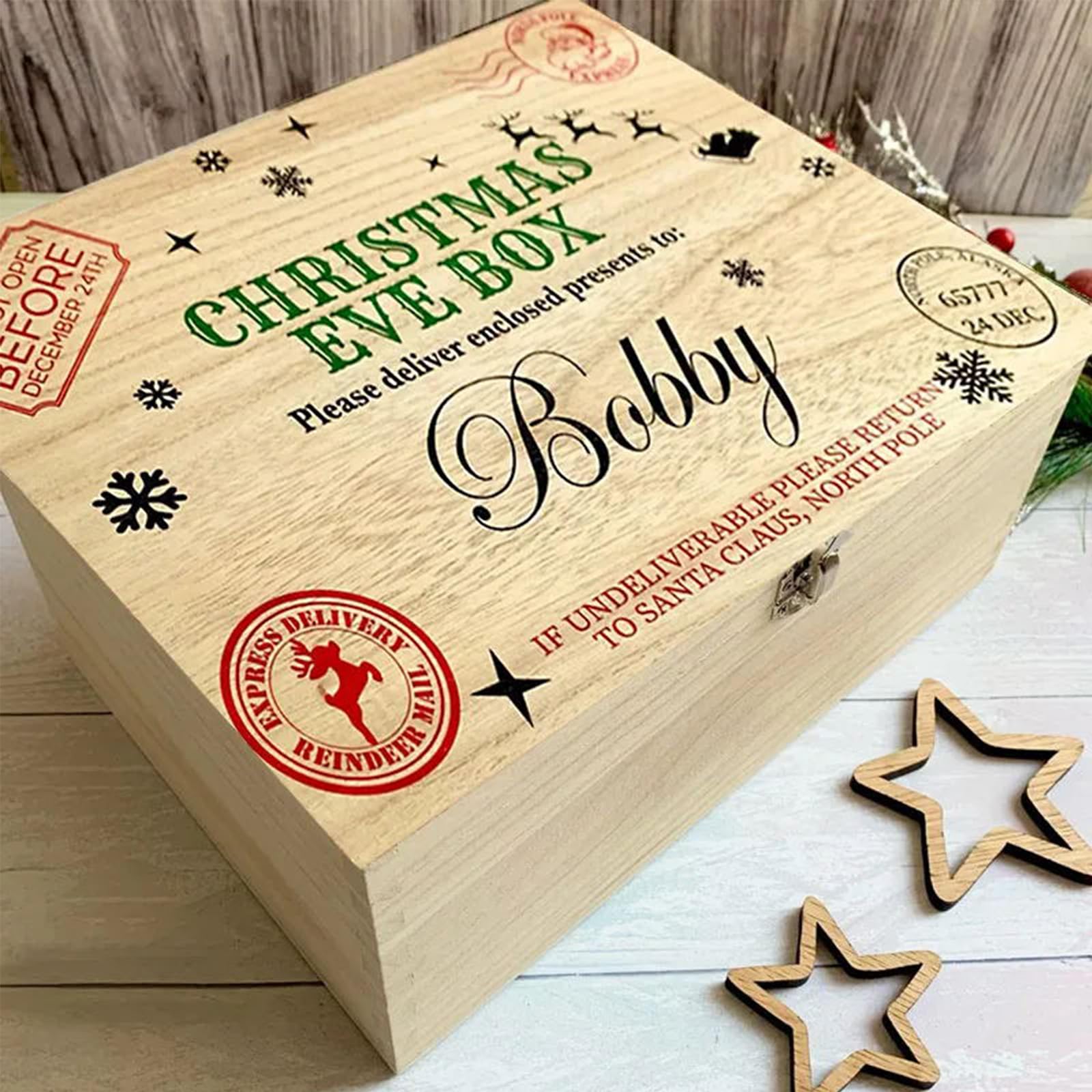 Personalized Wooden Christmas Eve Gift Box with Snowflakes & Deer Design - Custom Engraved Santa Present Box with Lock - Perfect for Holiday Parties, Family Gatherings & Christmas Eve Surprises (Style 1)