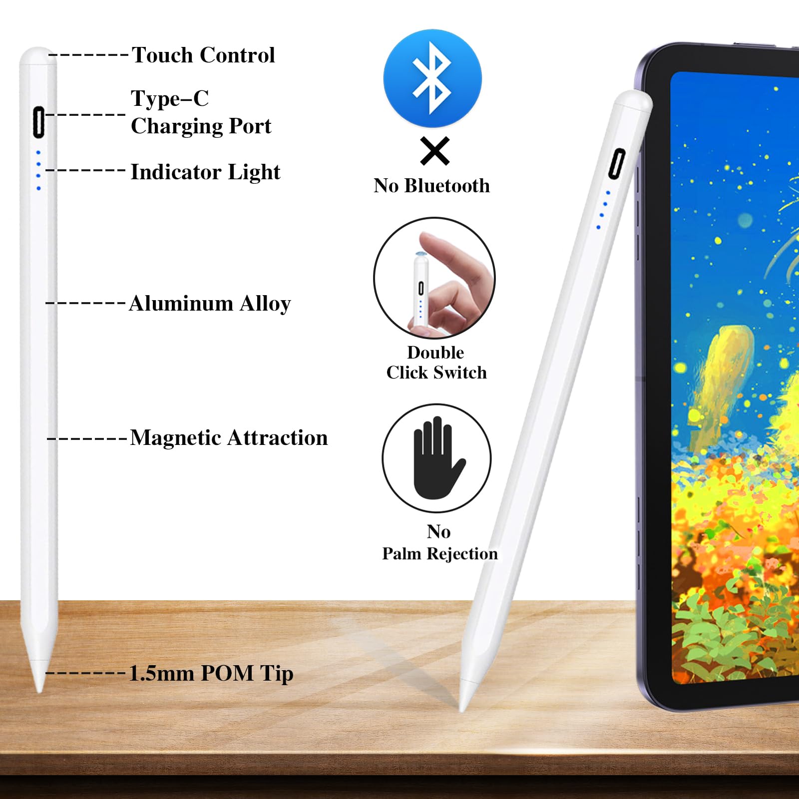 Premium Magnetic Stylus Pen for iPad Pro/Air/Mini & iPhone - Rechargeable POM Tip Active Pencil with Precision Touch Screen Control - Perfect for Drawing, Note-Taking & Digital Art on Tablets & Smartphones