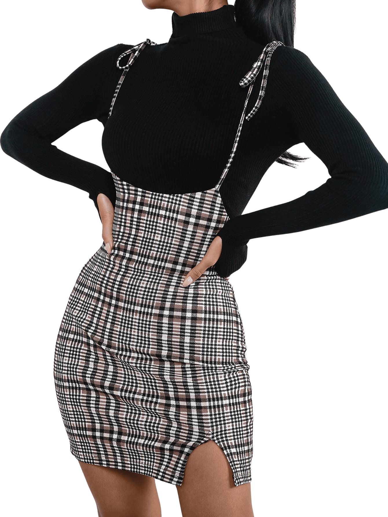 Floerns Women's Plaid Suspender Skirt Tie Shoulder Split Hem Bodycon Mini Dress | Casual & Party Outfit | Perfect for Date Night, Club Wear & Summer Fashion