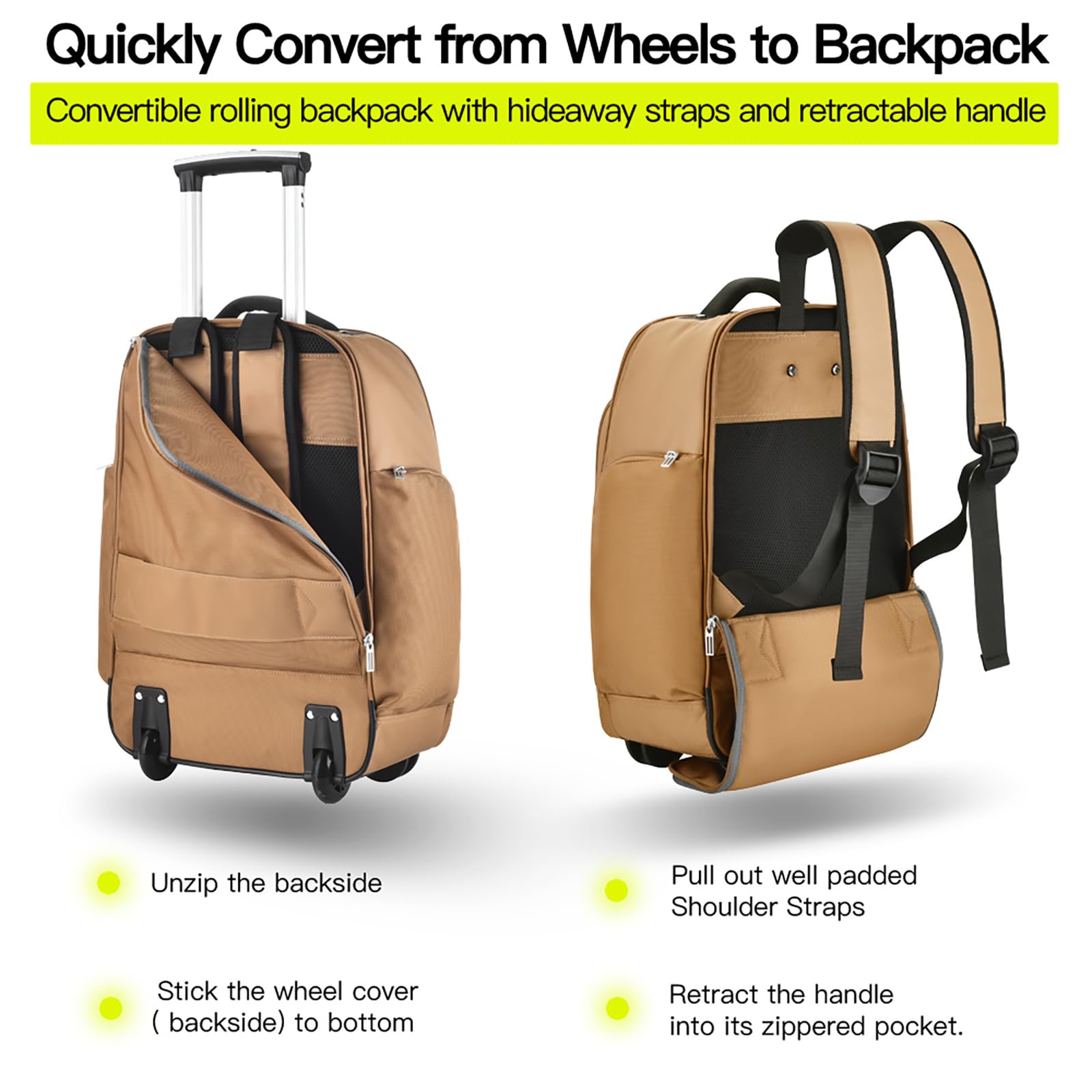 Rolling Laptop Bag with Wheels - Adjustable 13-17.3 Inch Wheeled Computer Backpack for Men & Women, Carry-on Travel Work Bag - Perfect for Business Trips, Commuting & Airplane Travel
