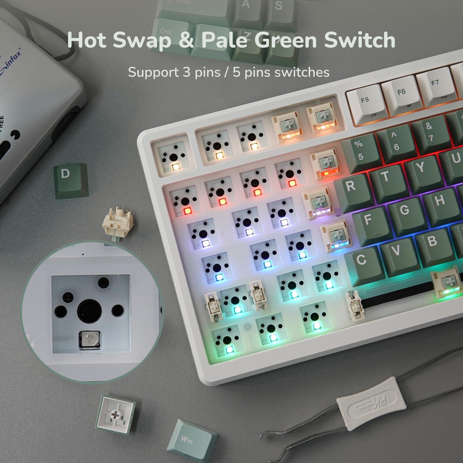 RK ROYAL KLUDGE M75 Wireless Mechanical Gaming Keyboard - 2.4Ghz/BT5.1/USB-C, 75% Compact Layout (81 Keys), Gasket Mount, OLED Display & Control Knob, RGB Backlit, Hot-Swappable Pale Green Switches - Perfect for PC Gaming, Office Work, and Typing Enthusiasts