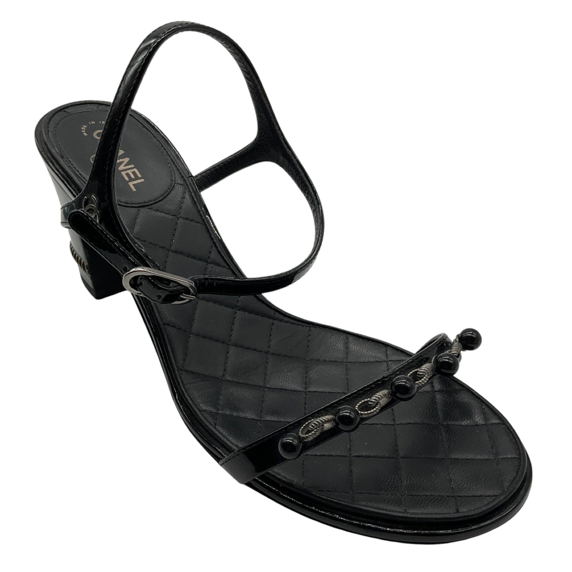 Chanel Black Embellished Patent Leather Sandals for Women - Luxury Designer High Heel Dress Shoes for Parties, Weddings & Evening Events