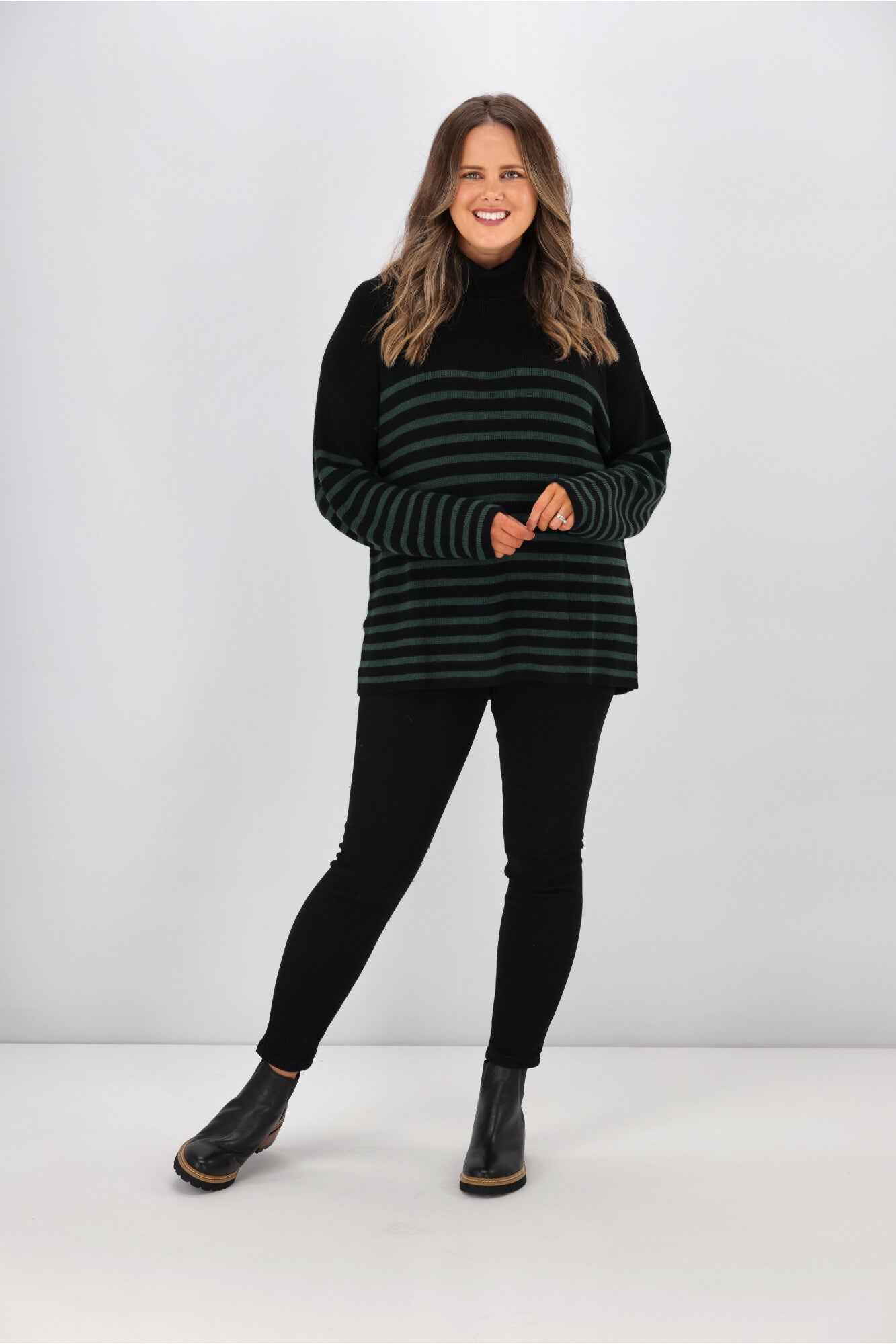 Alpine by Shine On Women's Striped Merino Wool Sweater - Black Olive | Soft & Warm Winter Pullover for Casual Outfits & Outdoor Activities