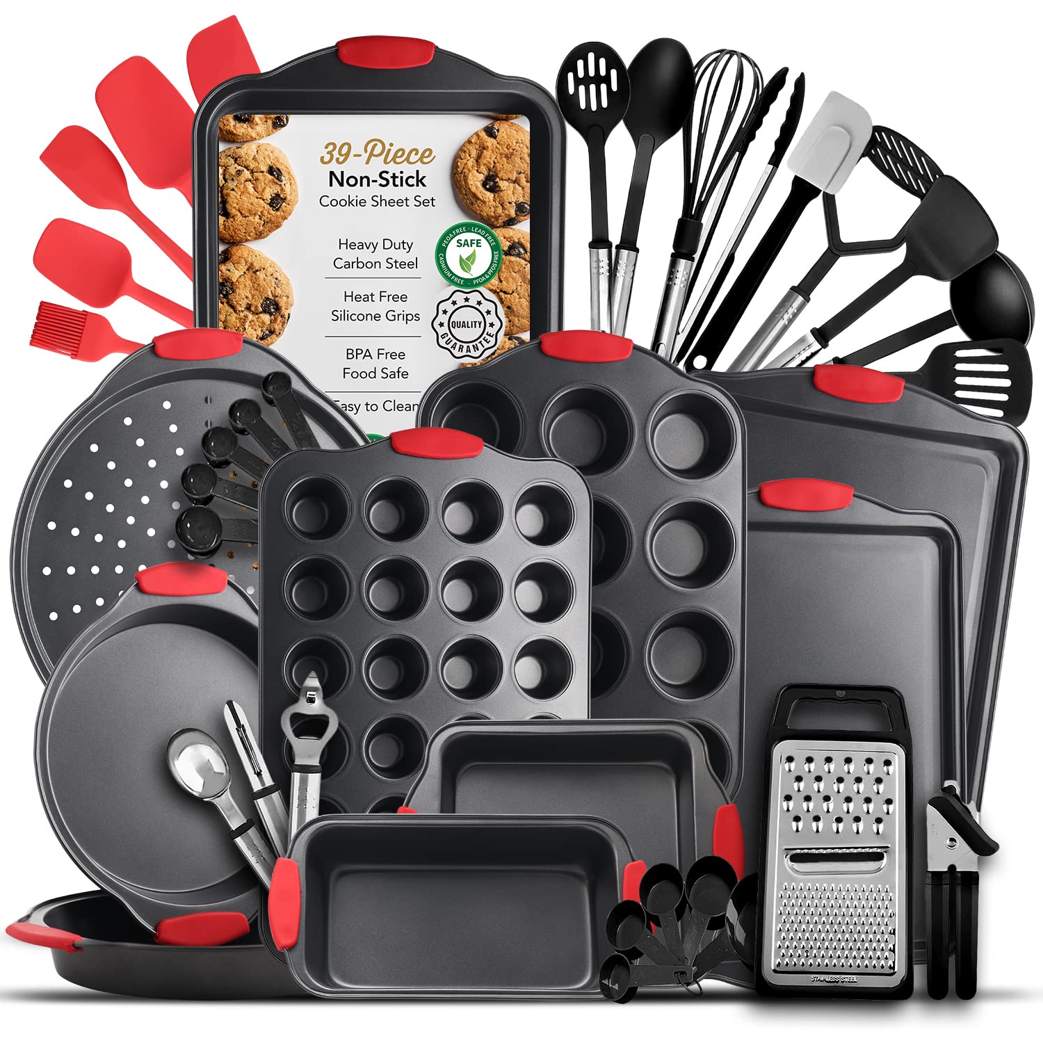 39-Piece Premium Nonstick Baking Pan Set - BPA Free Bakeware with Cookie Sheets, Muffin Pan, Cake Pan & Kitchen Utensils - Perfect for Home Baking, Parties & Holiday Cooking - Black