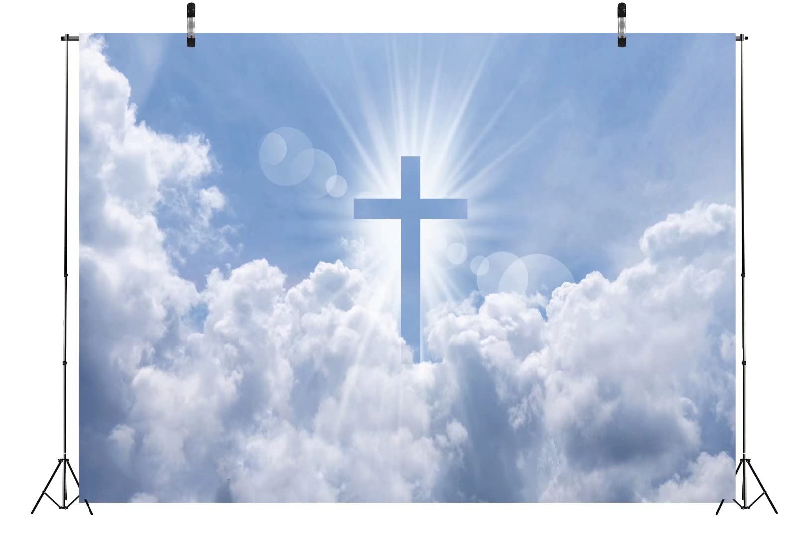 BELECO 9x6ft Christian Cross Fabric Backdrop - Holy Lights Heaven Sky Clouds Crucifix for Church Events, Easter Decor, Jesus Resurrection Photo Props - Perfect for Religious Faith Celebrations, Pray Gatherings & Worship Decorations