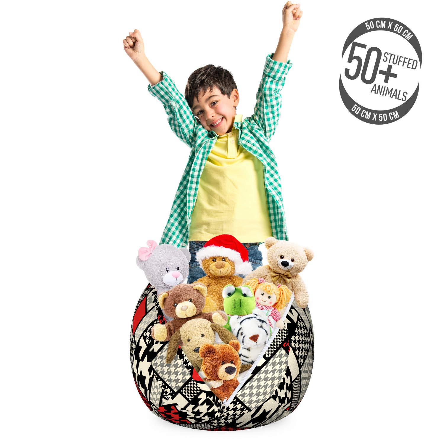 Ambesonne Modern Storage Toy Bag Chair - Minimalist Abstract Pattern with Retro Geometric Design, Washable Stuffed Animal Organizer (Small, White/Black/Red) - Perfect for Kids' Room, Nursery, or Playroom Organization