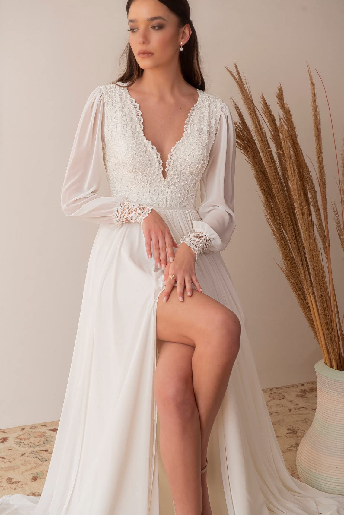 Elegant Long Sleeve Boat Neck Wedding Dress with Button Back - Crepe Satin Bridal Gown for Bride - Perfect for Church, Beach, and Formal Wedding Ceremonies