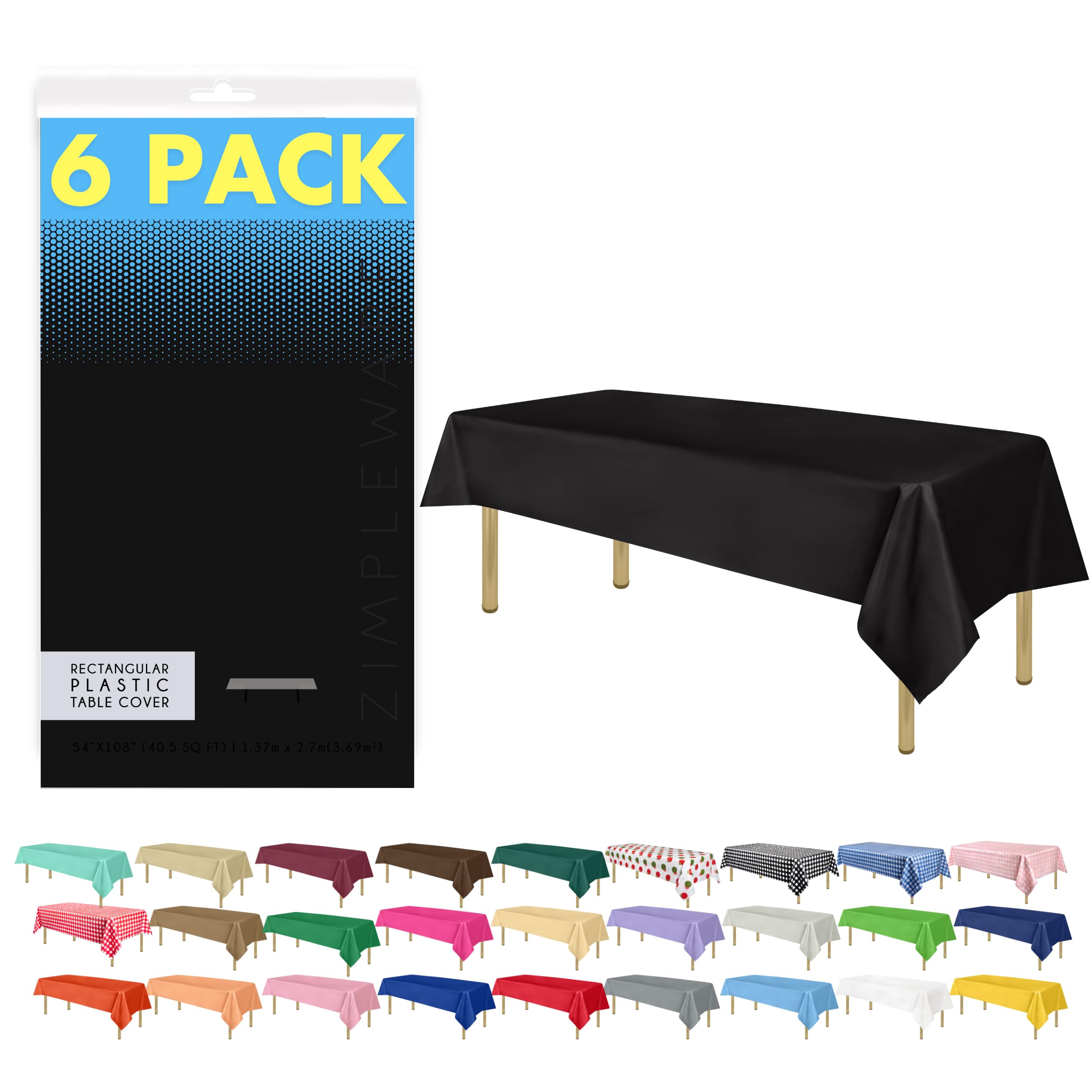 Premium Black Disposable Plastic Tablecloth (6 Pack) - 54x108 Inch Rectangle Table Cover for Parties, Events & Dining - Fits 6ft to 8ft Tables - Waterproof & Easy Clean for Indoor/Outdoor Use