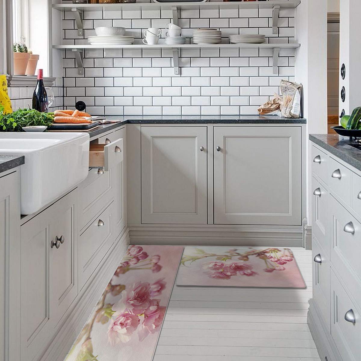 Anti-Fatigue Kitchen Mats Set - Non-Slip Cushioned Floor Rugs for Standing Comfort, Cherry Blossom Design (18