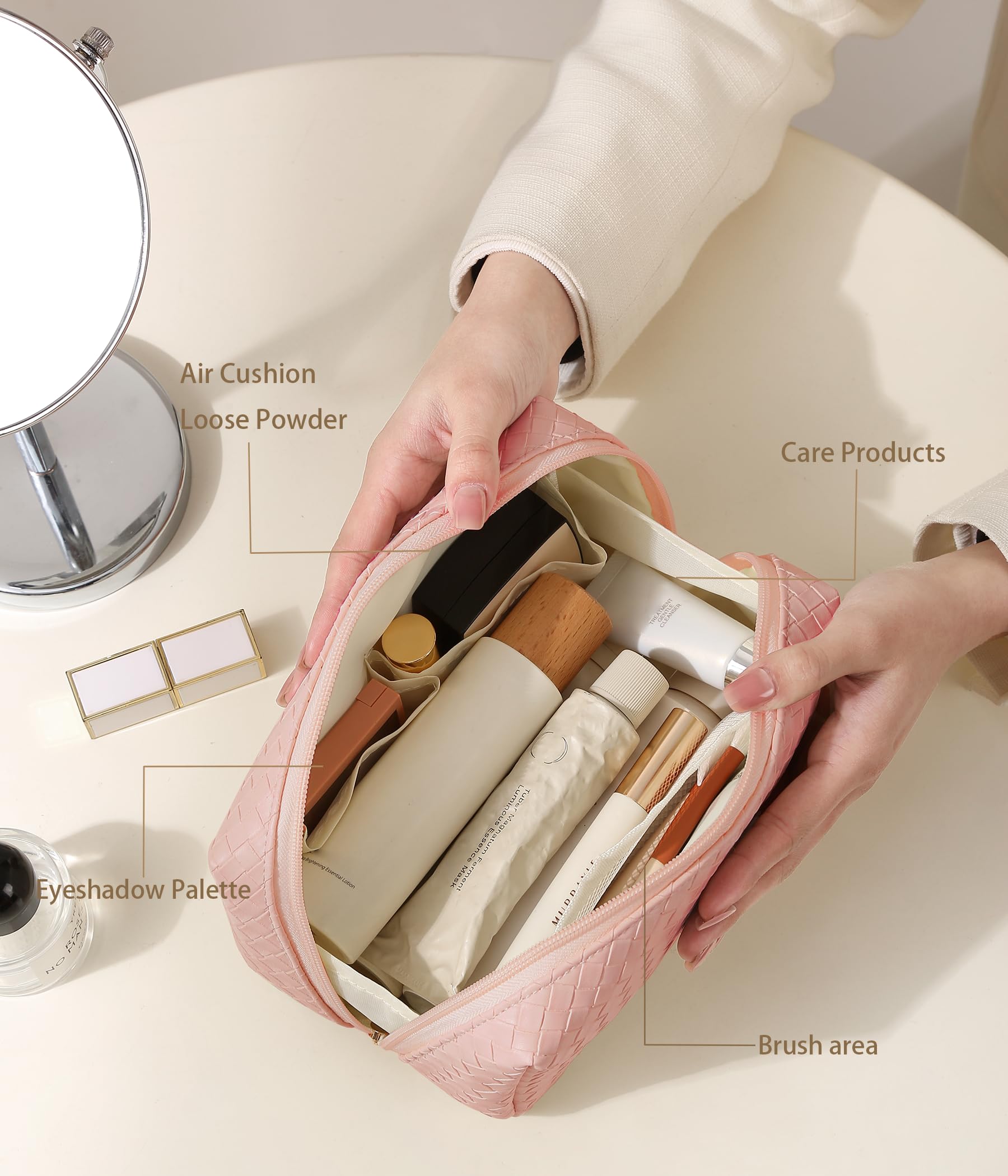 Waterproof Travel Makeup Bag for Women - Small Cosmetic Organizer with Dividers & Zipper (Pink) | Perfect for Airplane Carry-on, Gym Essentials & Weekend Getaways