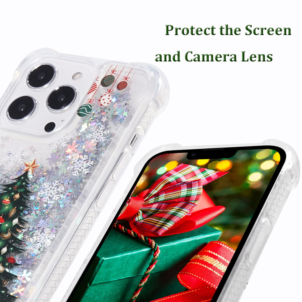 Christmas Tree Glitter Phone Case for iPhone 13 Pro Max - Clear Soft TPU Rubber Bumper, Holiday Cute Girly Women's Protective Cover | Perfect for Christmas Parties, Gift Giving & Festive Celebrations