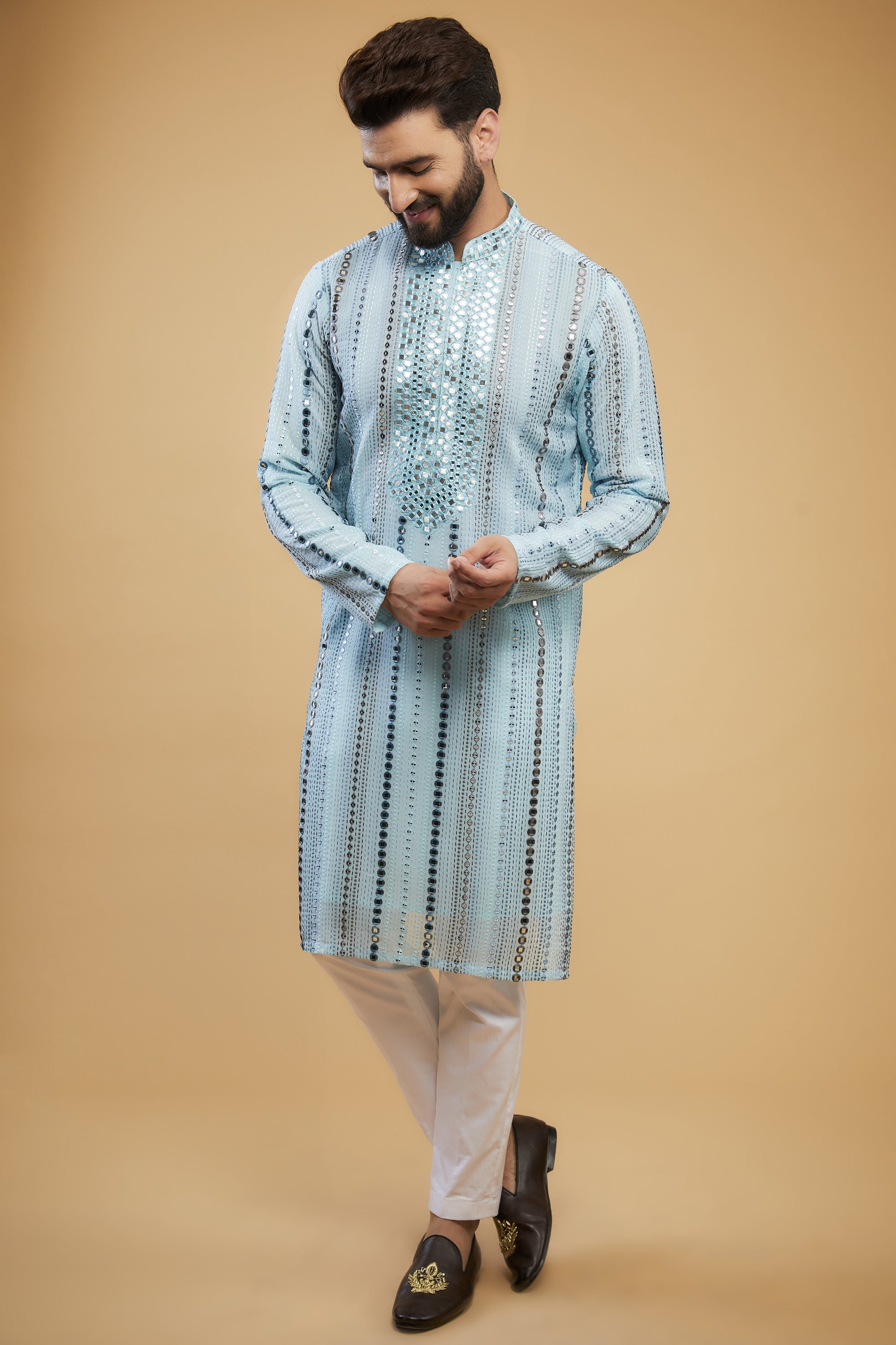 Elegant Powder Blue Mirror Work Kurta with Hand Embroidered Neckline - Perfect for Indian Festivals, Weddings & Special Occasions