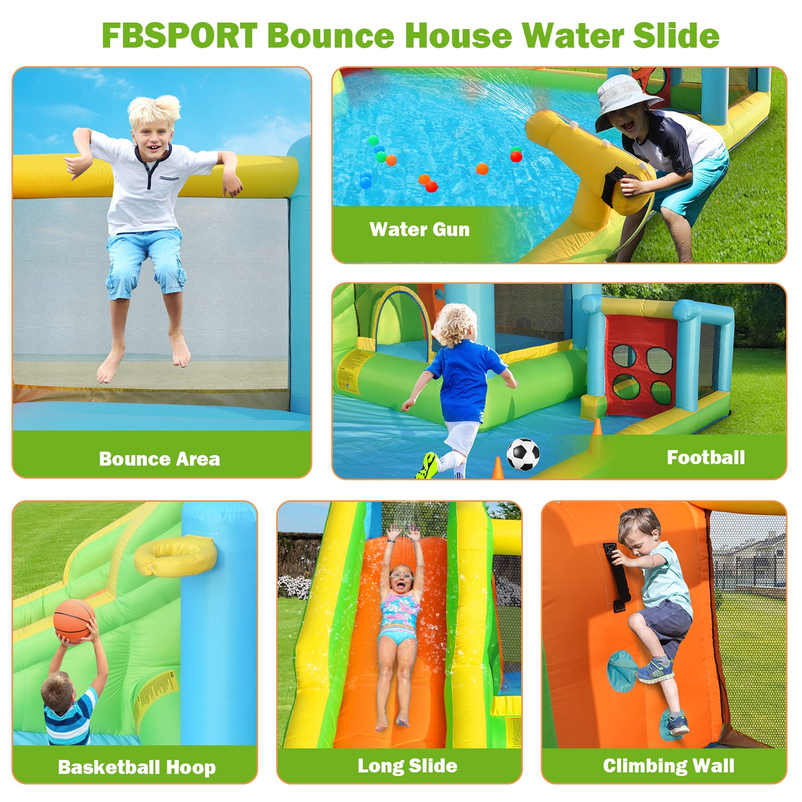 FBSPORT Inflatable Bounce House with Water Slide - 9-in-1 Kids Bouncy Castle for Indoor & Outdoor Play | Includes Blower, Football Shooting Game, Water Gun, Splash Pool & Bounce Area | Perfect for Birthday Parties, Backyard Fun & Summer Water Activities