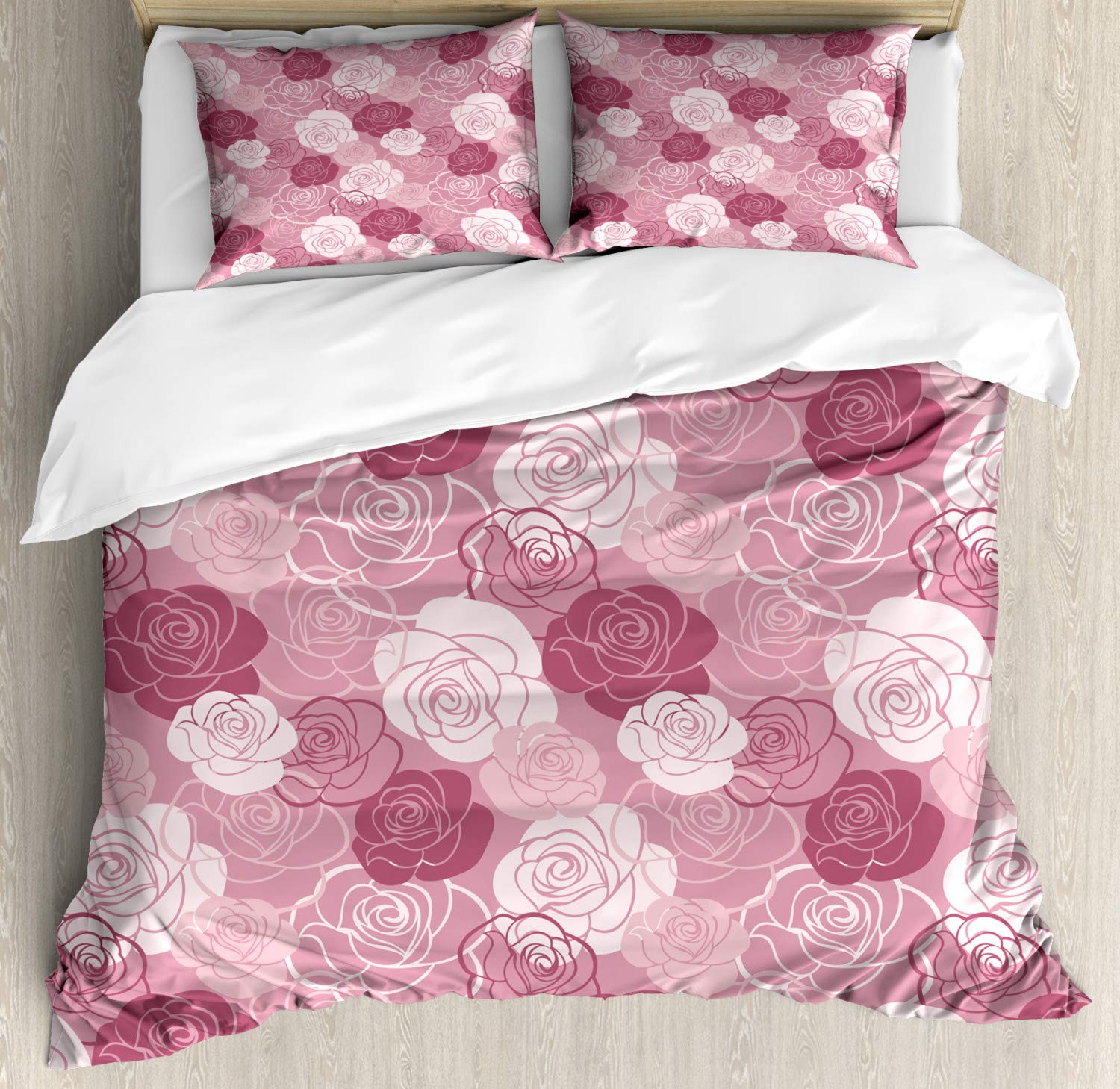 Ambesonne Rose Flowers Duvet Cover Set - Queen Size 3-Piece Bedding with 2 Pillow Shams | Pastel Romantic Floral Design, Blossoming Nature Print in Dried Rose Pale Rose | Perfect for Master Bedroom, Guest Room & Romantic Home Decor
