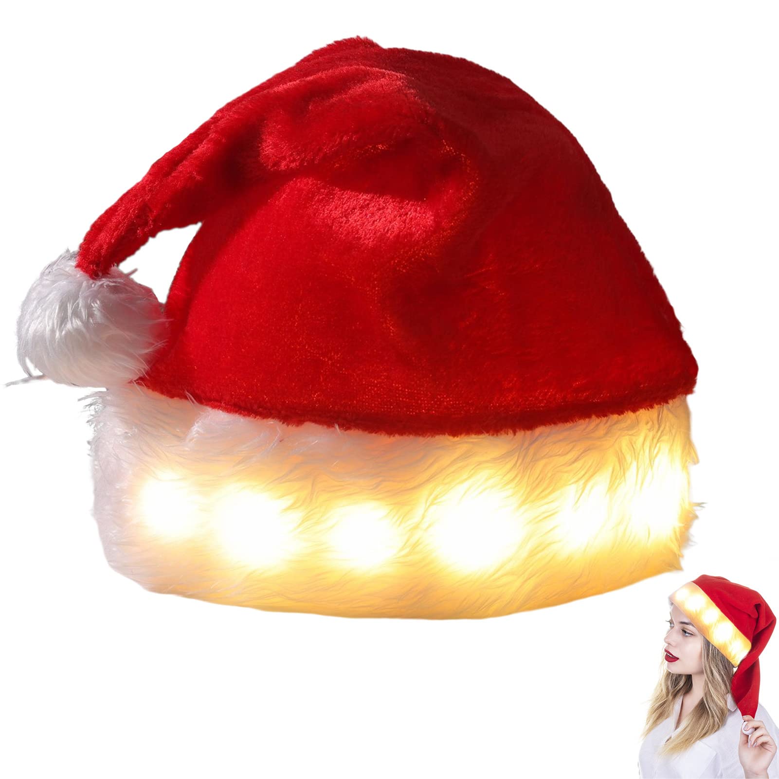 BEEBY Light Up LED Santa Hat - Flashing Christmas Holiday Hat with Plush Material for Kids & Adults - Perfect for Christmas Parties, Events & Holiday Performances