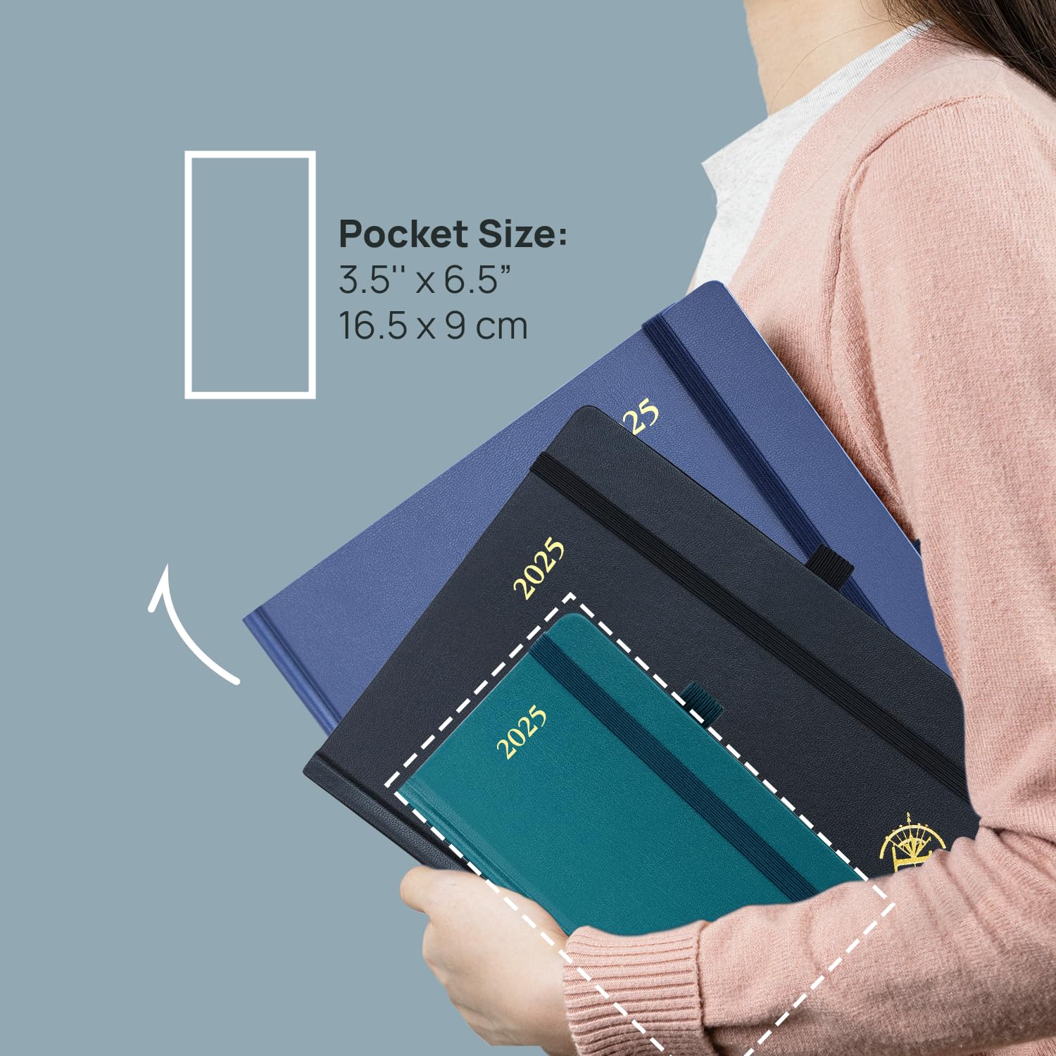 POPRUN Slim Diary 2025 - Hardback Pocket Planner (16.5x9 cm) | Weekly Vertical Layout with Inner Pocket | Light Pink | Perfect for Daily Scheduling, Work Planning & Personal Organization