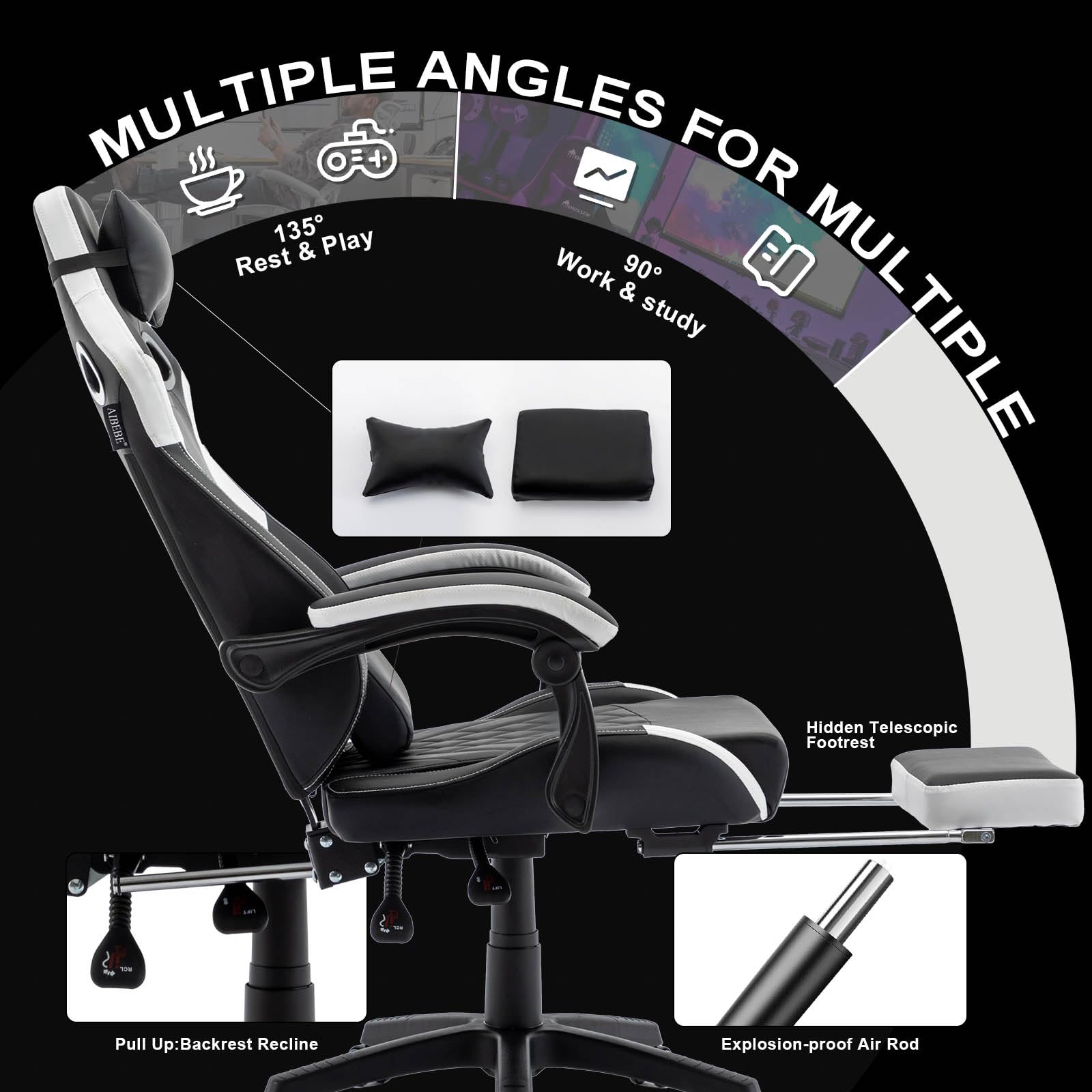 Ergonomic Gaming & Office Chair - High Back Computer Desk Chair with Adjustable Headrest & Lumbar Support - Leather Racing Style Executive Swivel Task Chair for Home & Work (Black) ABB101 - Perfect for Gamers, Remote Workers & Home Office Setup