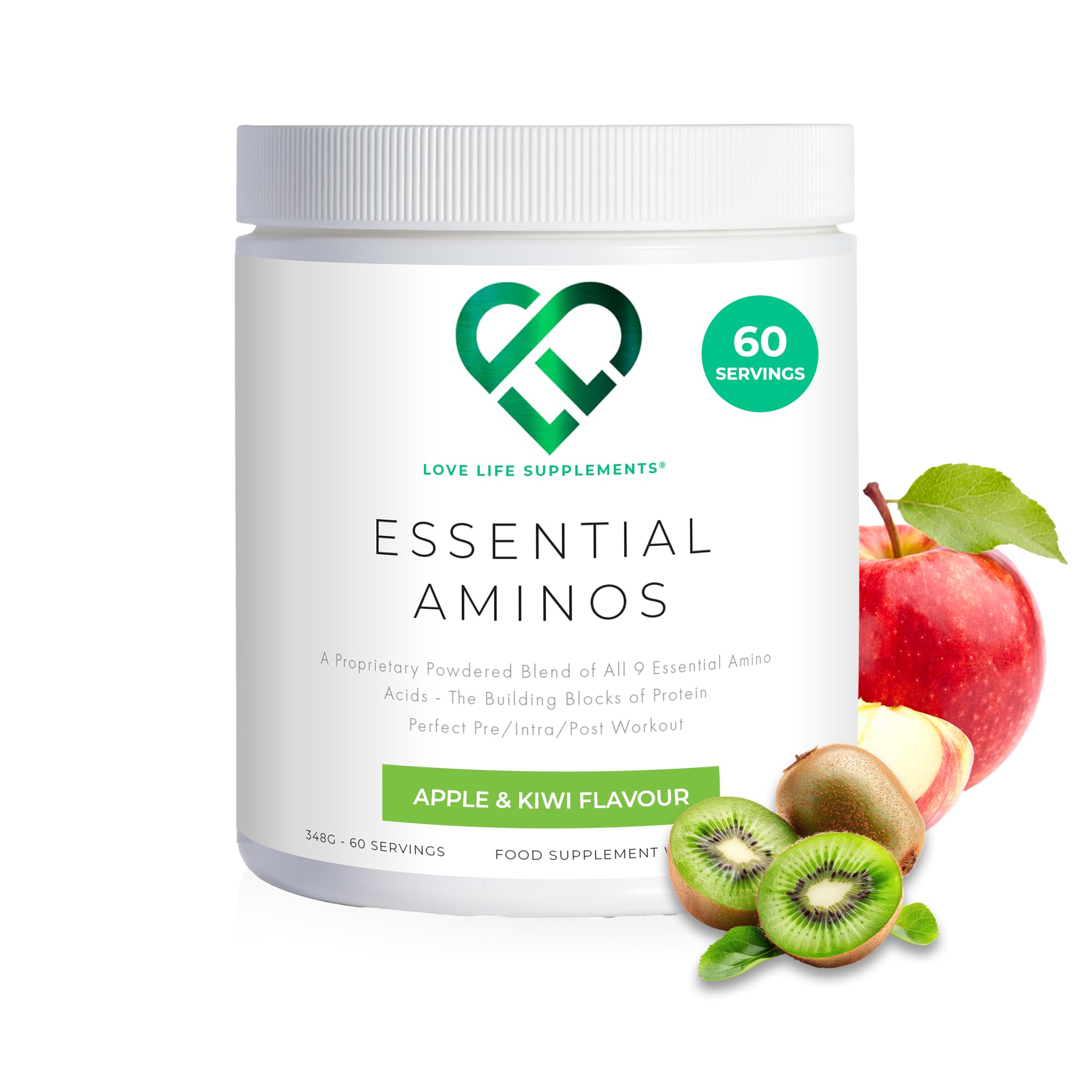 EAA Amino Acids Powder with All 9 Essential Amino Acids & BCAA - 2g Leucine per Serving, Apple Kiwi Flavor, 348g (60 Servings) - Love Life Supplements | Pre-Workout & Post-Workout Recovery for Athletes & Fitness Enthusiasts