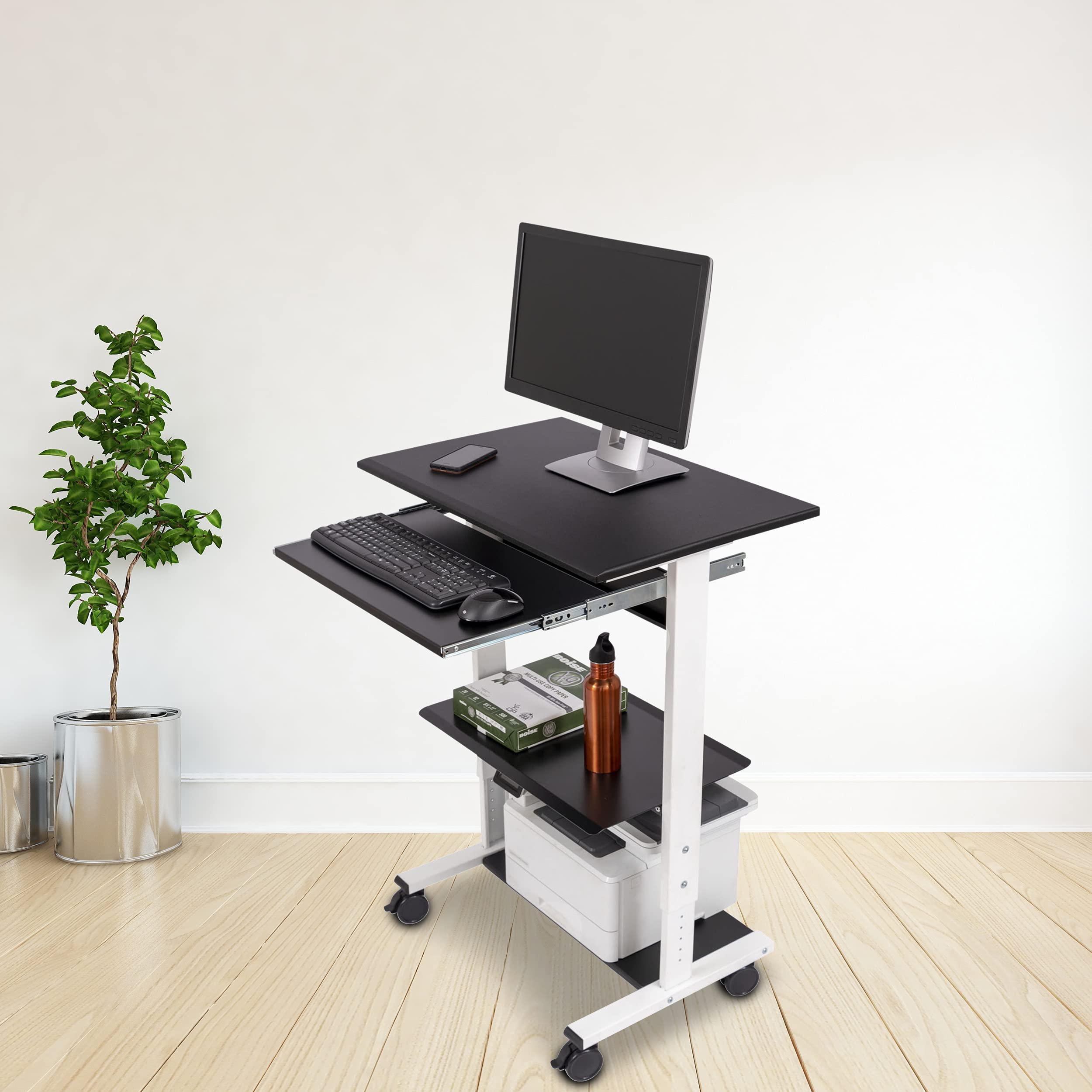 Adjustable Height Standing Desk with Wheels - Mobile Rolling Sit Stand Workstation with Printer Shelf & Slideout Keyboard Tray (White Frame/Black Top, 30