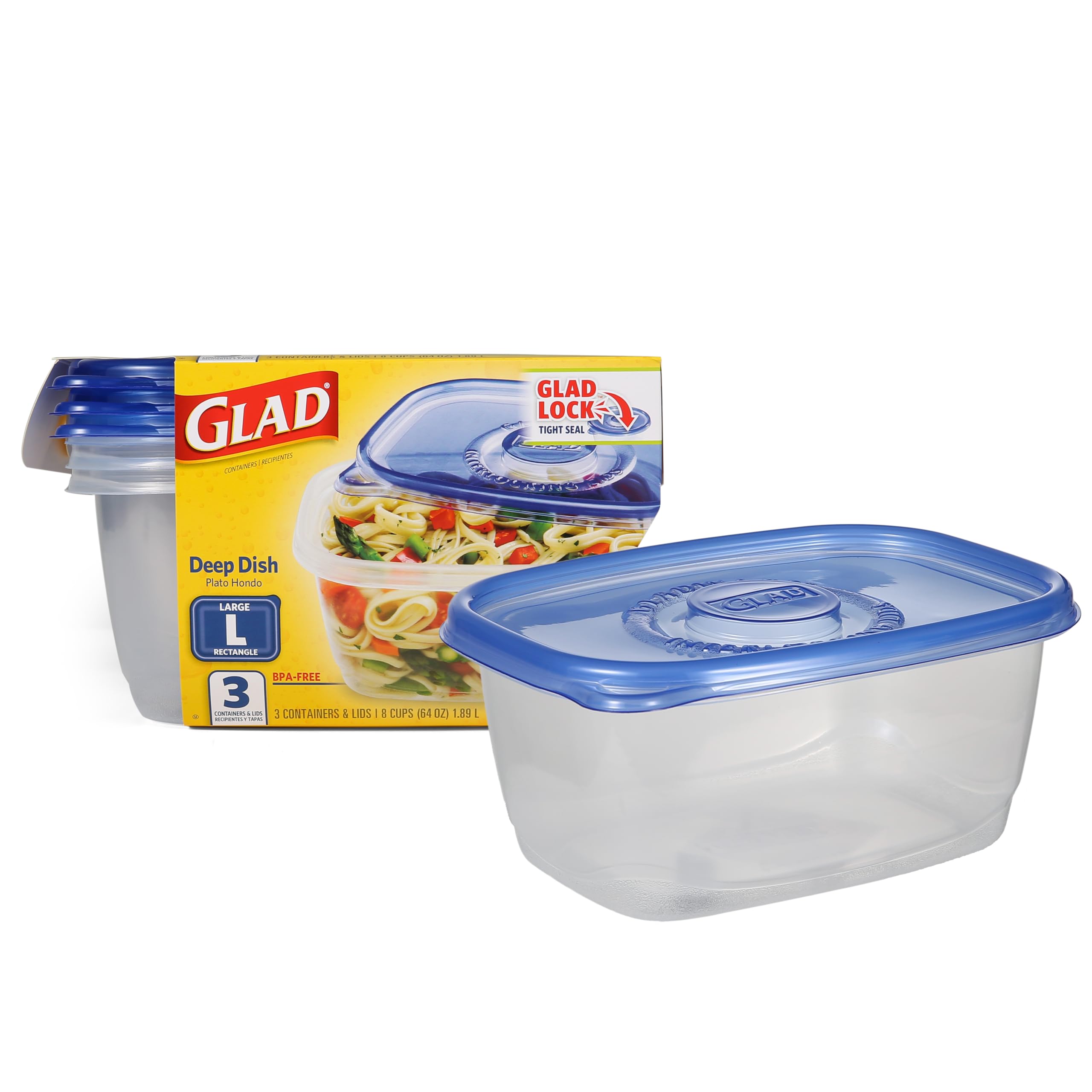 GladWare Deep Dish Food Storage Containers - 3 Pack Large Rectangle Containers with Airtight Glad Lock Seal, Holds 64oz (2L) | BPA-Free, Microwave & Freezer Safe | Perfect for Meal Prep, Leftovers & Bulk Food Storage