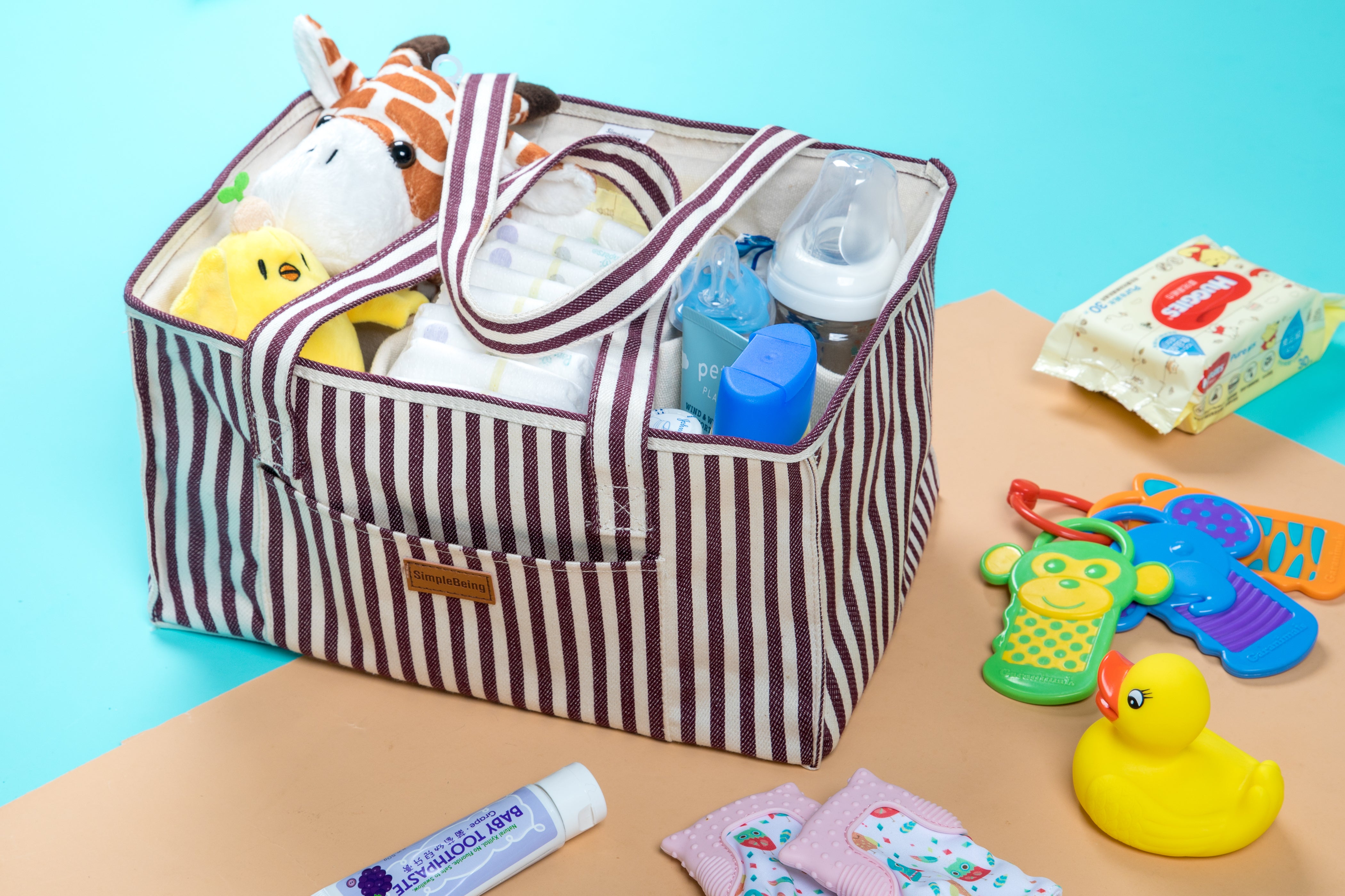 Simple Being Diaper Caddy Organizer with Red Stripe - Portable Baby Essentials Storage for Nursery, Changing Table & On-the-Go Parenting