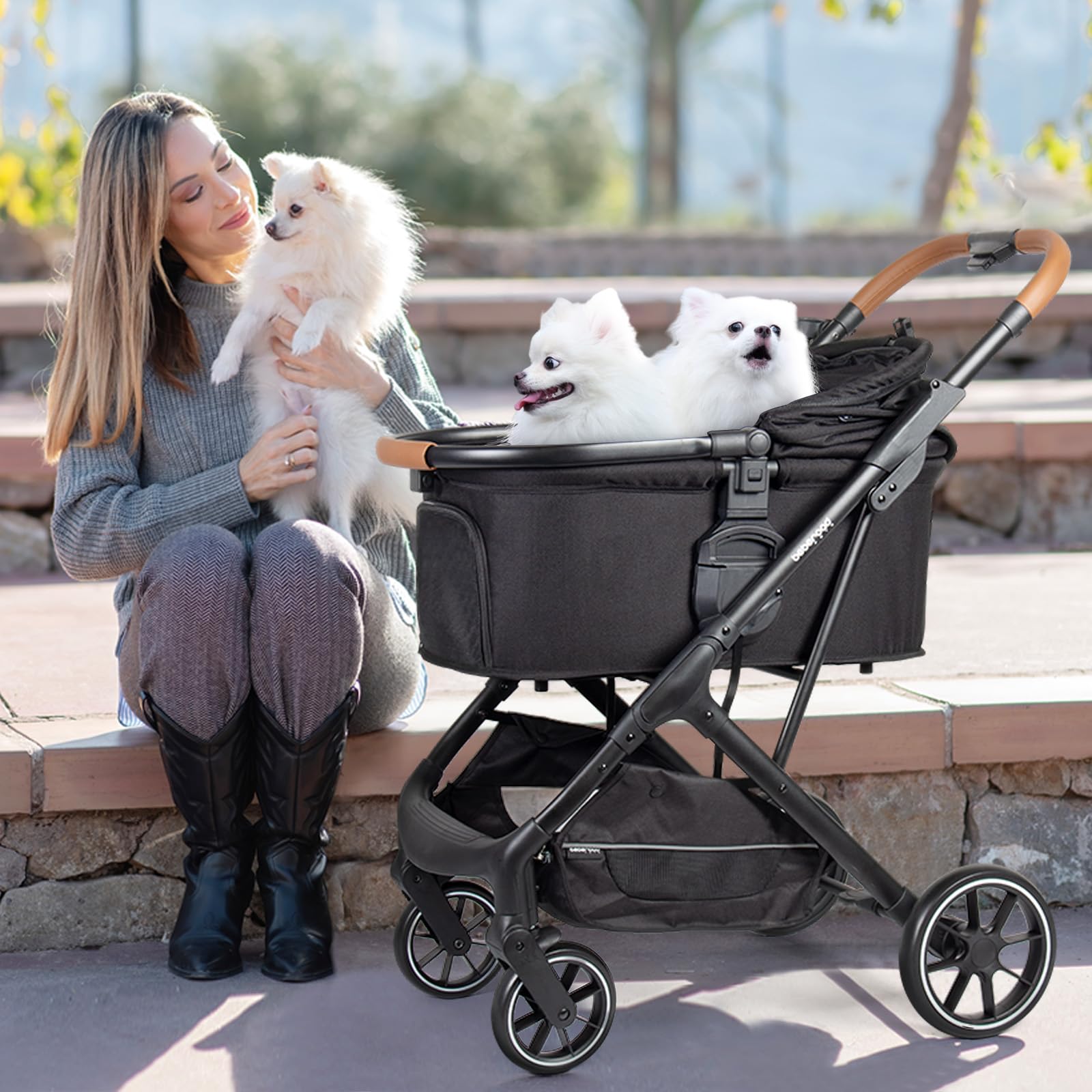 Premium T6 Luxury Pet Stroller for Medium Dogs Up to 66lbs or 2 Small Dogs & Cats - Foldable, Detachable Carrier with Wheels (Black) | Perfect for Outdoor Walks, Vet Visits & Shopping Trips