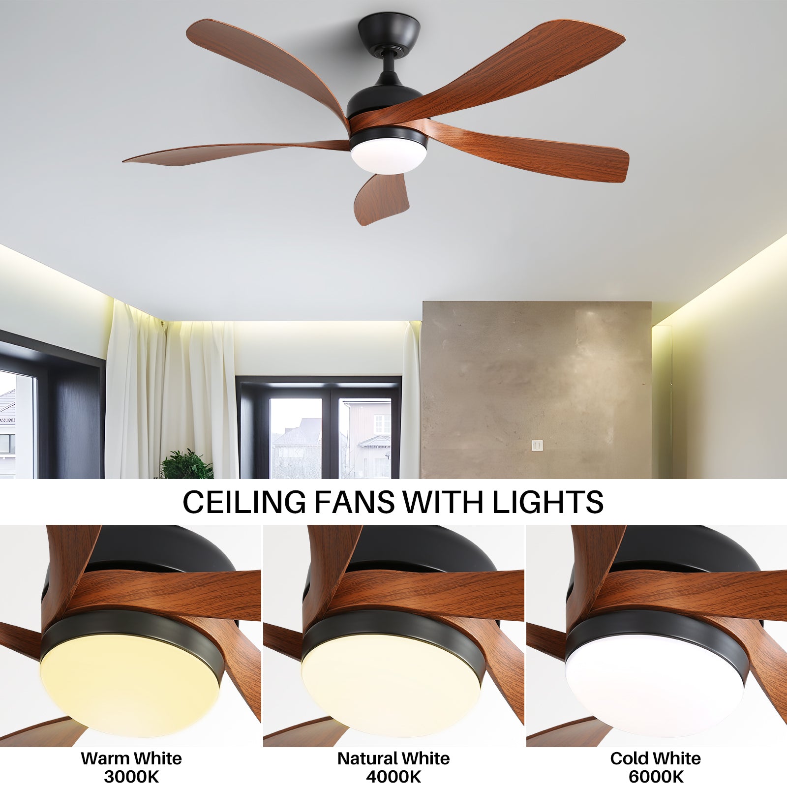 52 Inch Black Indoor Ceiling Fan with Remote Control - 3 Color Dimmable LED Light, 5 ABS Blades, Reversible DC Motor - Perfect for Living Room, Bedroom, and Office Spaces