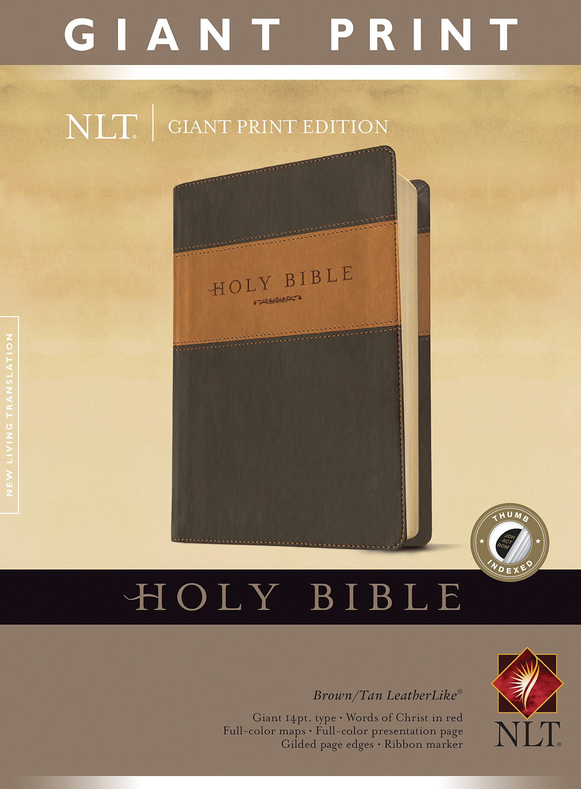 Giant Print NLT Holy Bible - Brown/Tan LeatherLike Cover with Red Letter Text & Indexed Pages | Easy-to-Read Large Font Scripture for Church, Bible Study & Gift Giving