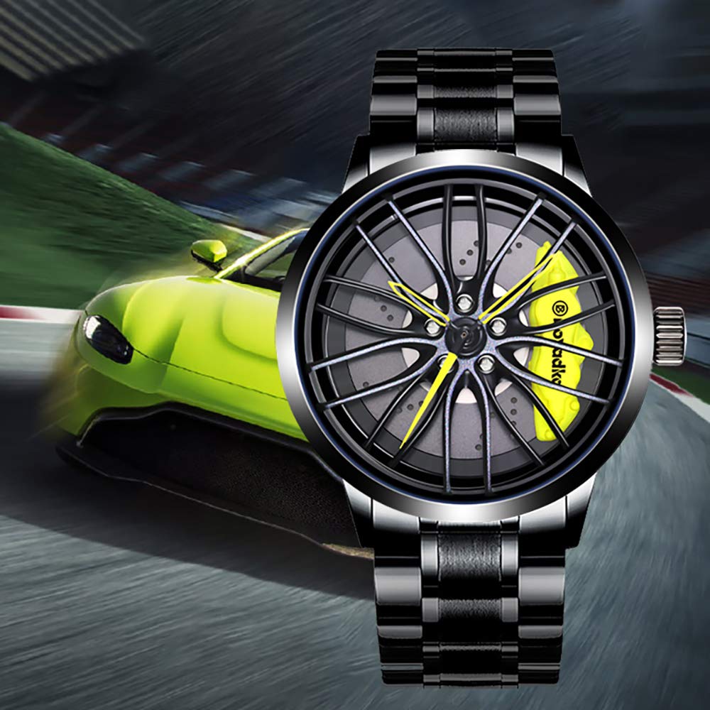 Stainless Steel Car Wheel Watch with Japanese Quartz Movement - Waterproof Sports Wristwatch for Men - Perfect for Racing Enthusiasts & Car Lovers - Ideal for Driving, Motorsport Events & Everyday Wear