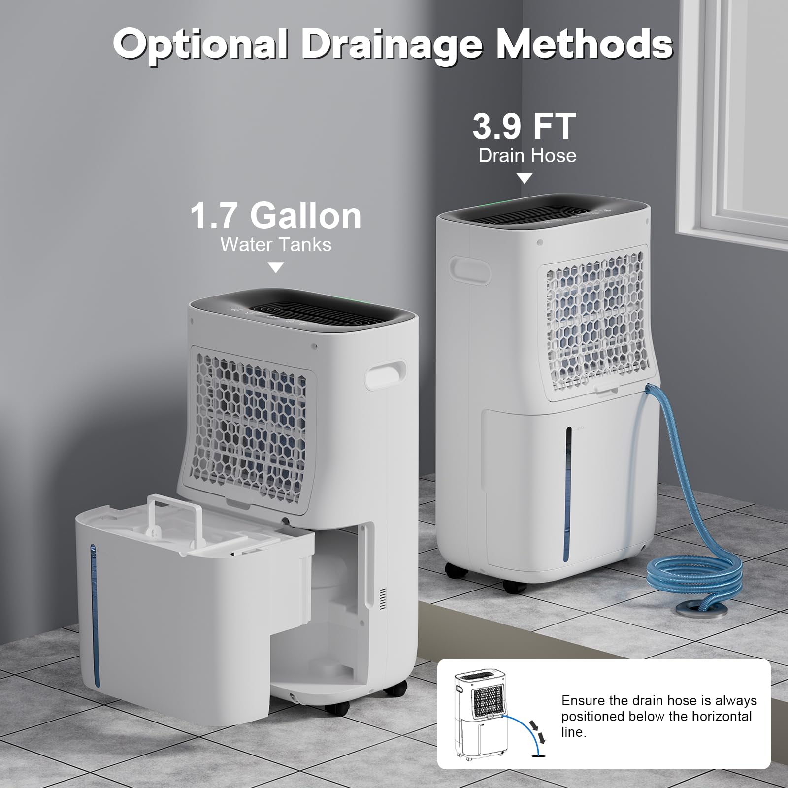 5000 Sq.Ft Energy Efficient Dehumidifier for Basement & Garage - 50-80 Pint Capacity, 1.71 Gal Water Tank with Drain Hose - 24H Timer, 4 Modes & Auto Shut-off - Perfect for Home, RV, Laundry Room & Damp Spaces