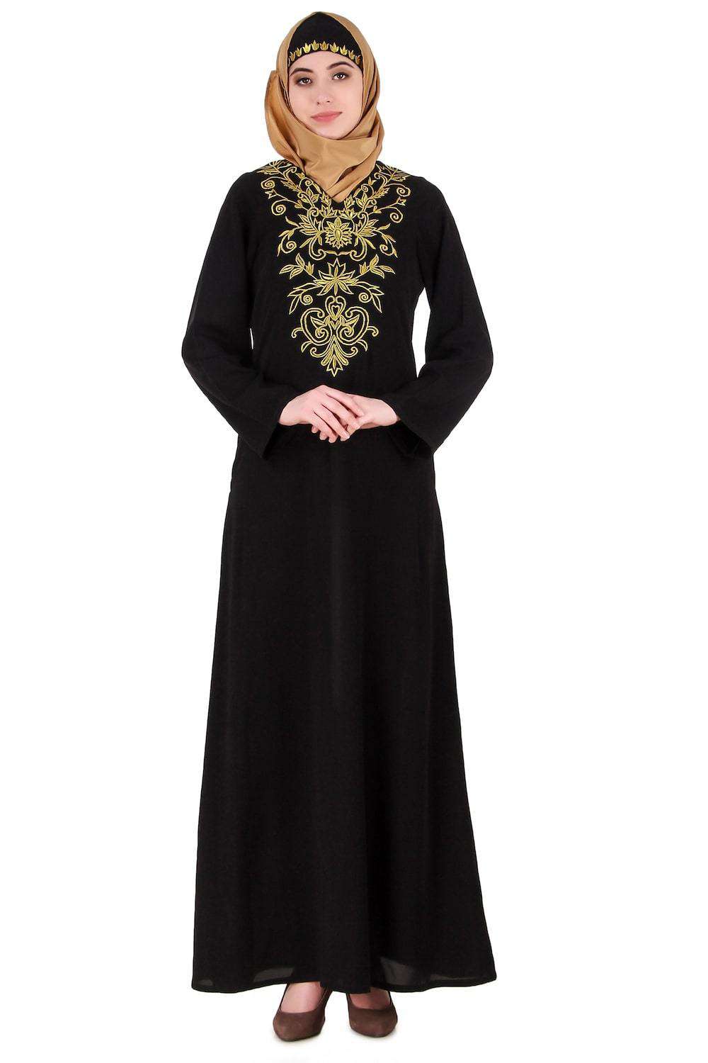 Elegant Gold Floral Embroidered Abaya Dress for Women - Modest Islamic Clothing for Eid, Wedding & Special Occasions