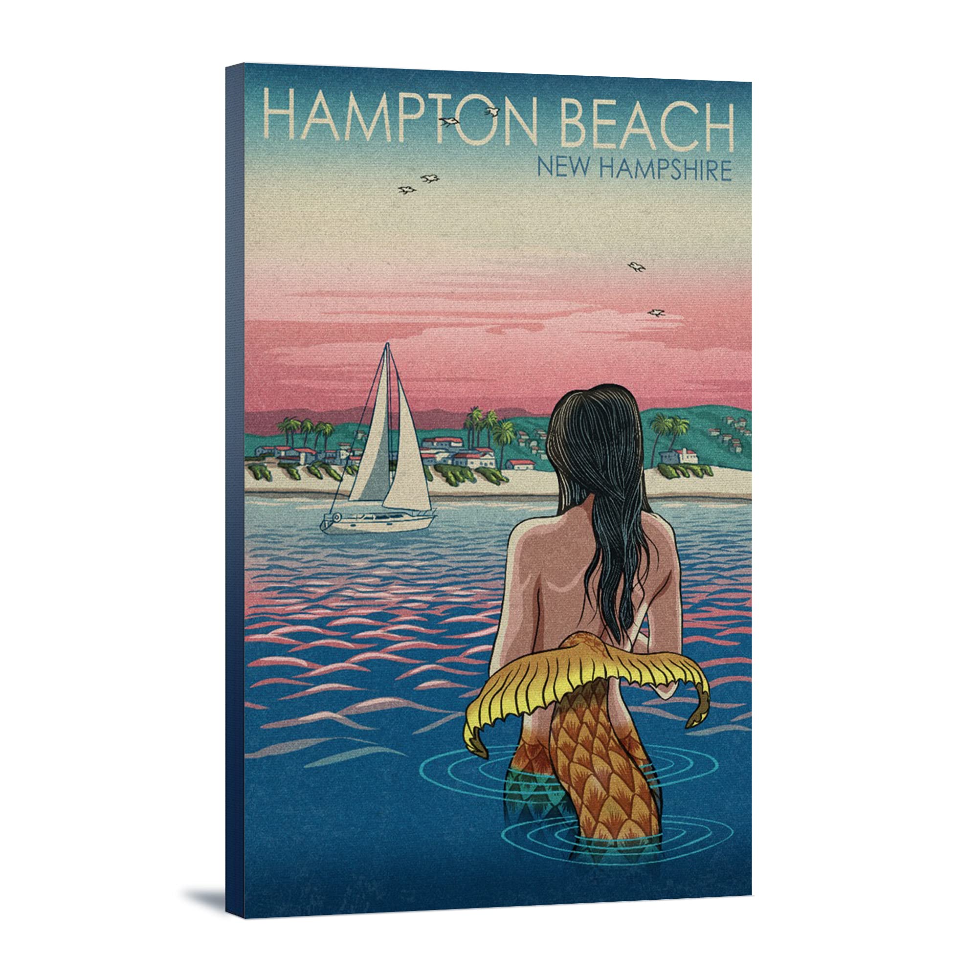 Hampton Beach NH Mermaid Artwork - 16x24 Wrapped Canvas Wall Decor for Coastal Living Room & Beach House Decor