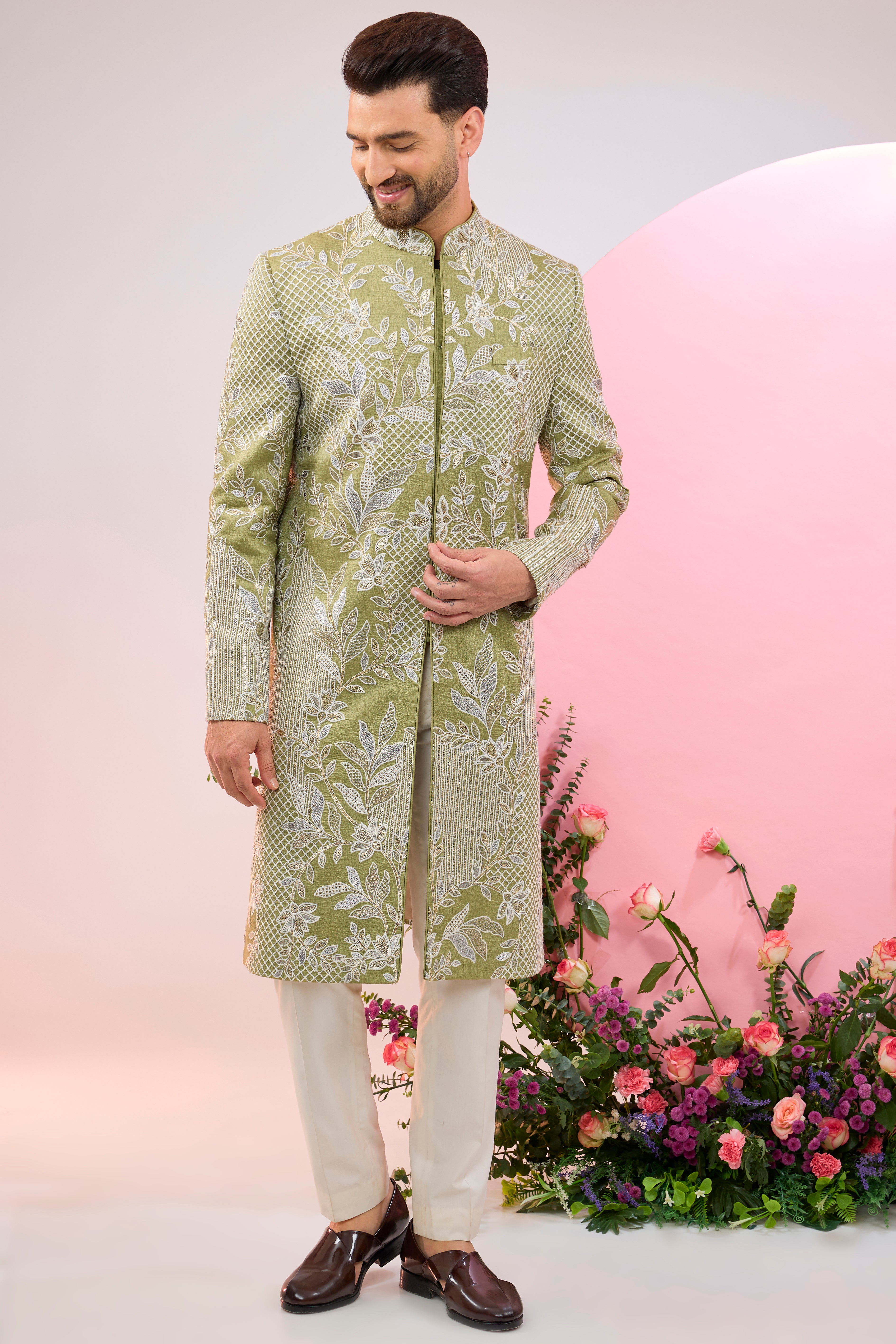 Lime Green Floral Embroidered Sherwani for Men - Traditional Indian Wedding Outfit & Festive Occasion Wear