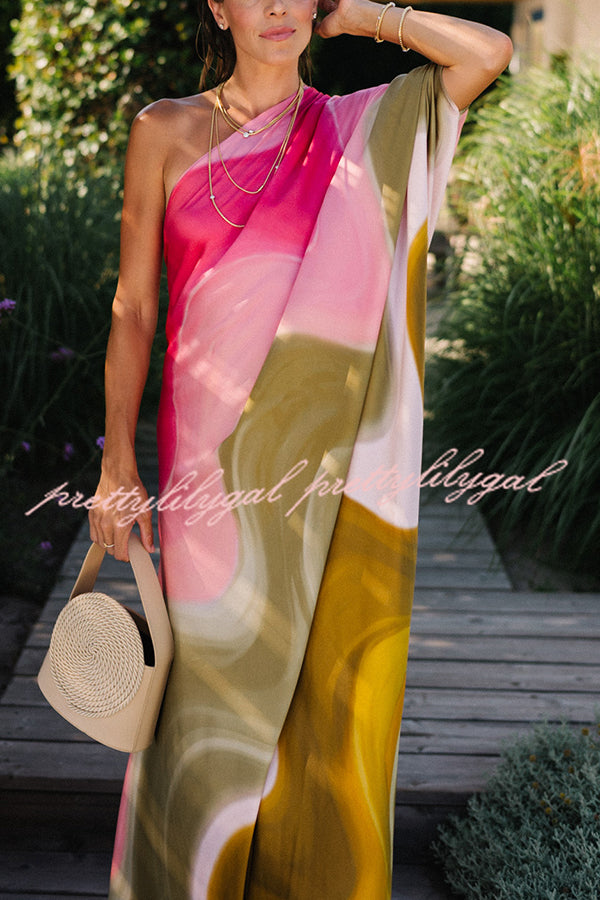 Stylish Satin Tie-Dye One Shoulder Maxi Dress for Women - Summer Vacation & Beach Party Outfit