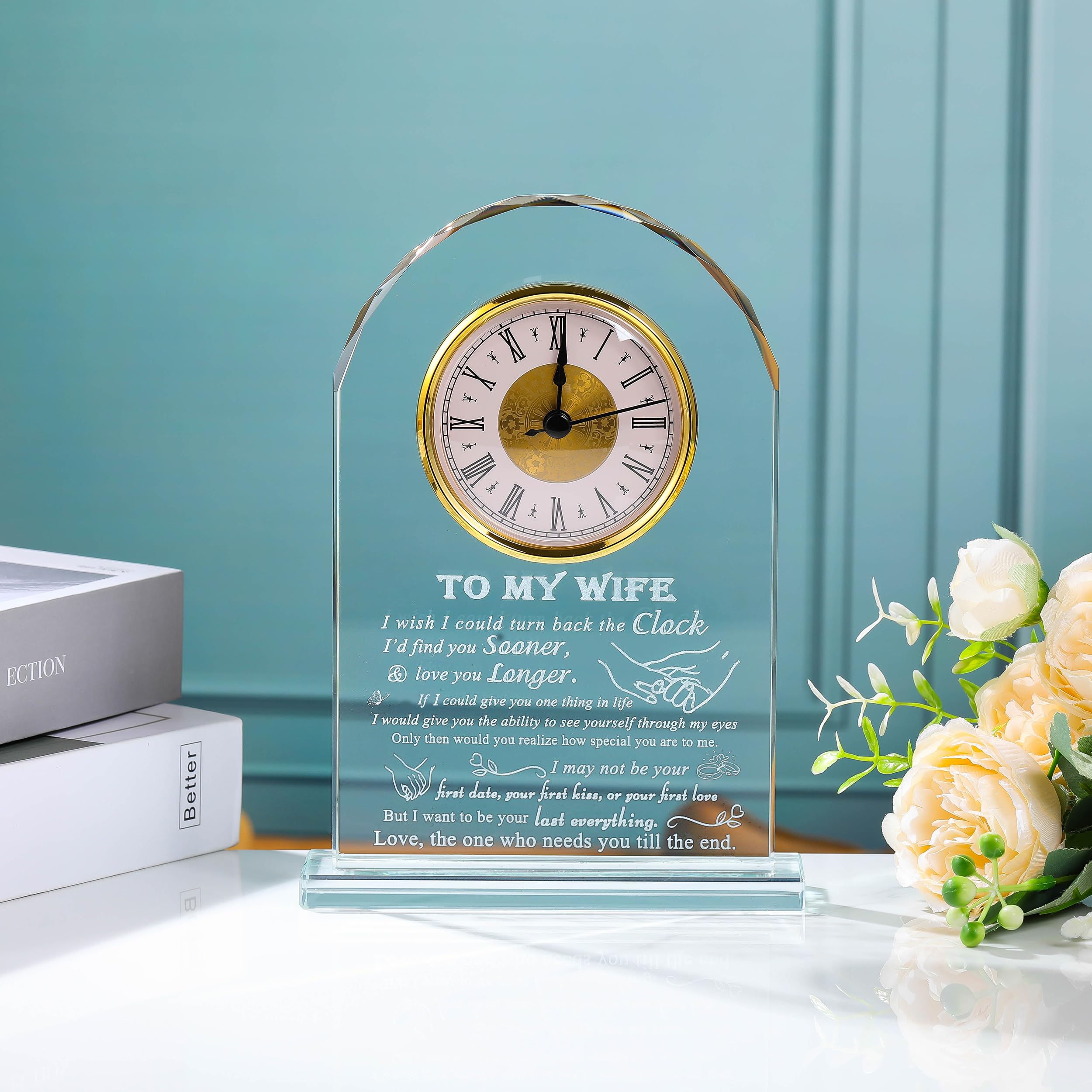 Personalized Crystal Clock Gift for Wife - Unique Anniversary, Birthday & Wedding Present from Husband - Thoughtful Keepsake for Her Desk, Office or Home Decor