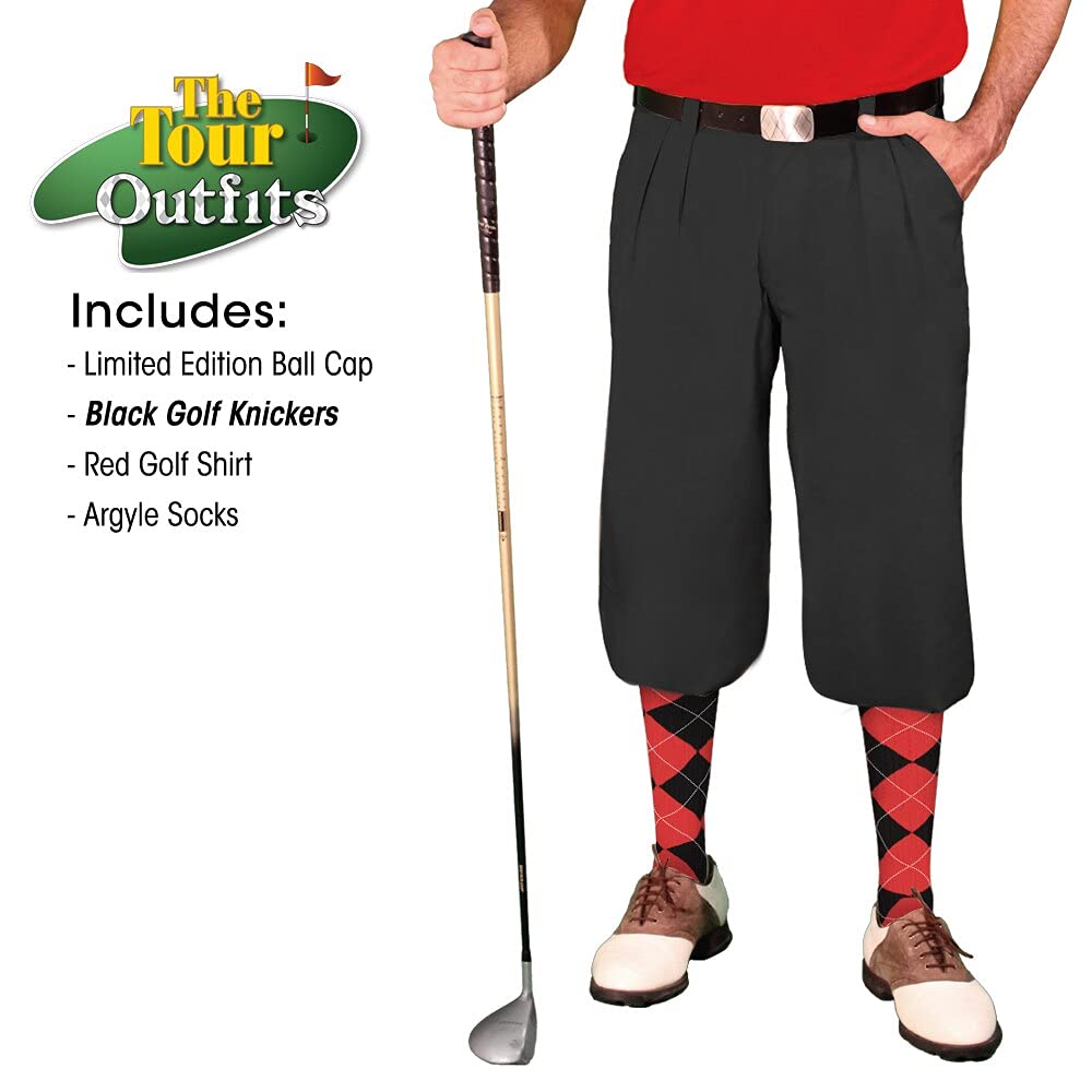 **Men's Black Microfiber Golf Outfit Set - Limited Edition Ball Cap, Over-The-Calf Argyle Socks & Red Polo Shirt - Perfect for Golfing, Casual Wear & Sports Events**