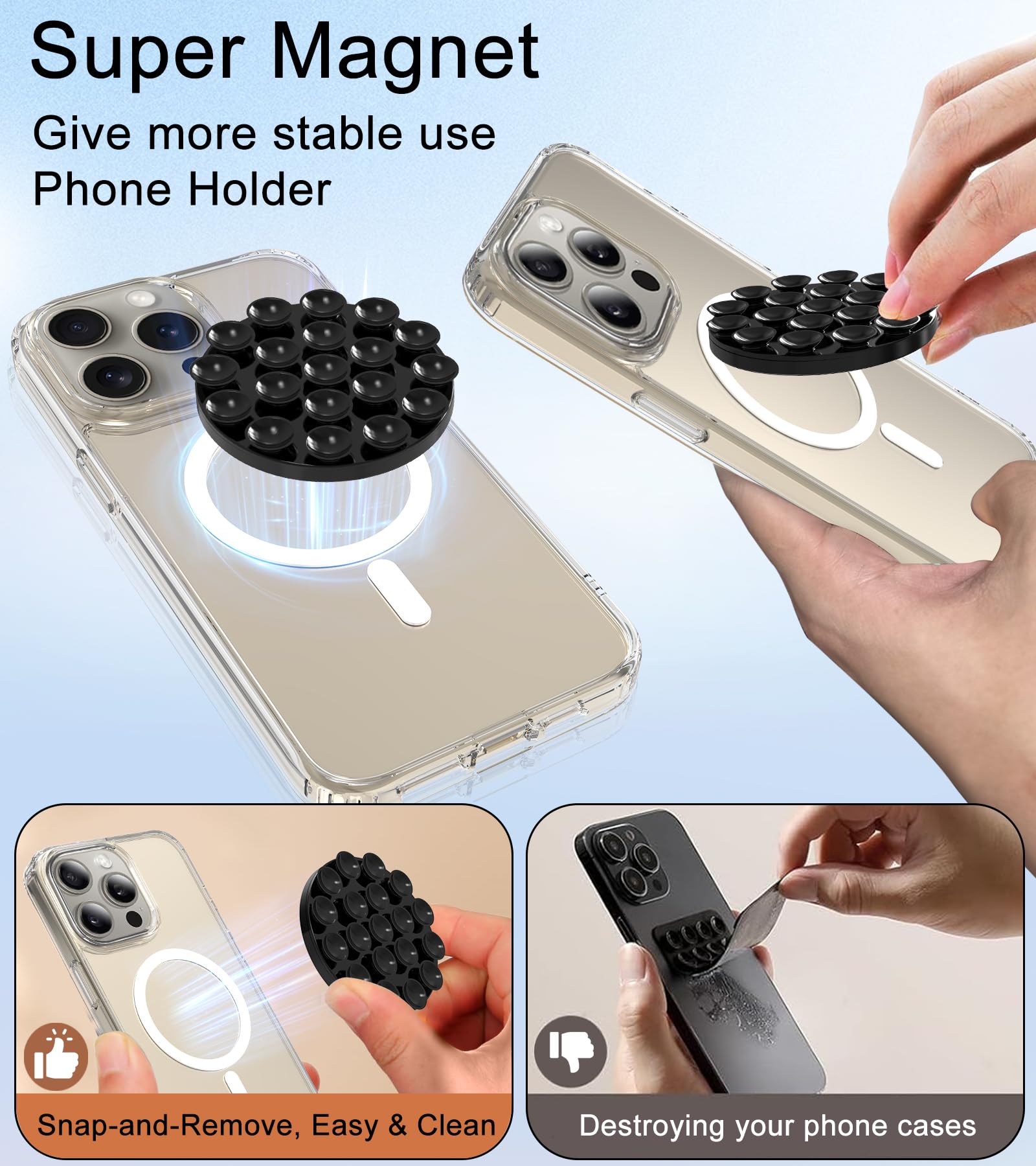 Omee Magnetic Suction Cup Phone Mount - Anti-Slip Hands-Free Silicone Phone Grip for iPhone MagSafe Cases | Mirror & Shower Holder for Selfies, TikTok Videos, Driving & Work (Black)