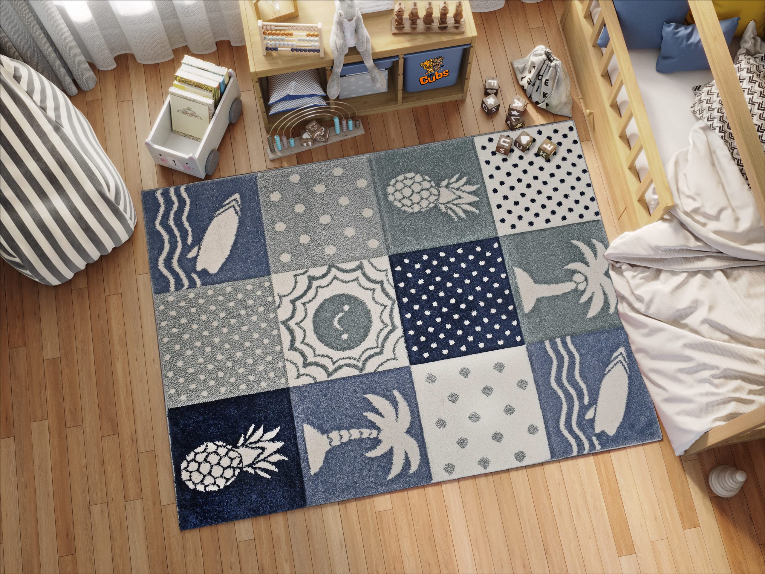 KC Cubs Modern Kids Area Rug - Colorful Non-Slip Nursery Carpet for Boys & Girls - Playroom, Bedroom & Toddler Safe Floor Mat - Island Vibes Design
