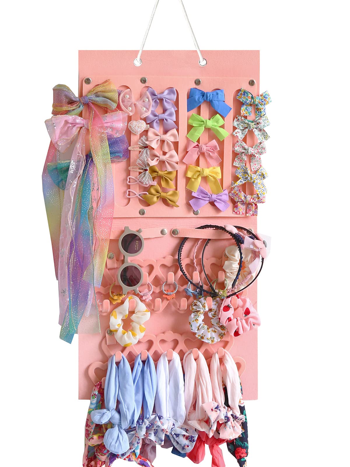 Pink Felt Wall Hanging Jewelry Organizer with Detachable Hooks - Display Board for Earrings, Necklaces, Hair Clips & Headbands - Space Saving Girls Bedroom Decor for Dorm, Bathroom & Closet Organization