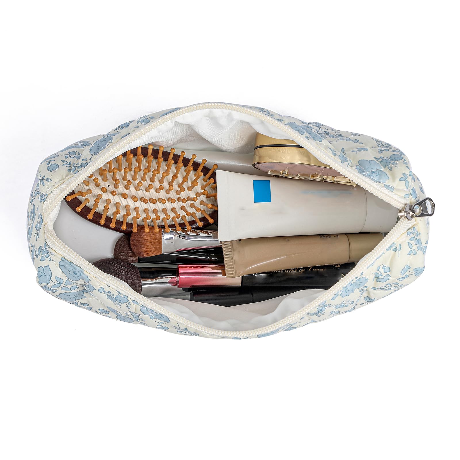 Large Travel Makeup Bag for Women | Cute Floral Cosmetic Organizer with Zipper | Toiletry & Makeup Brush Storage Pouch | Perfect for Travel, Gym & Daily Use (Blue Floral)