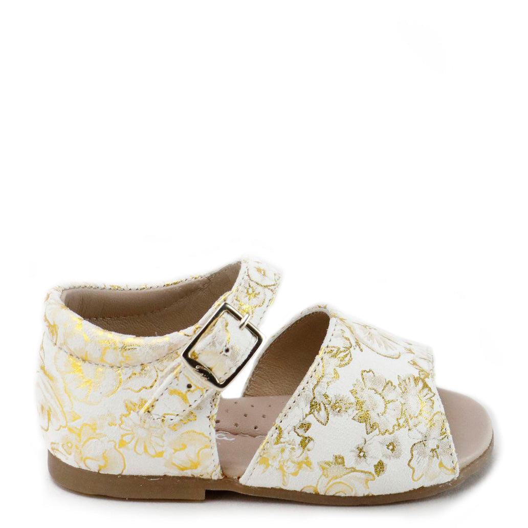 Gold and White Floral Baby Sandals for Girls - Soft Sole First Walkers - Perfect for Summer Outfits, Beach Trips, and Special Occasions