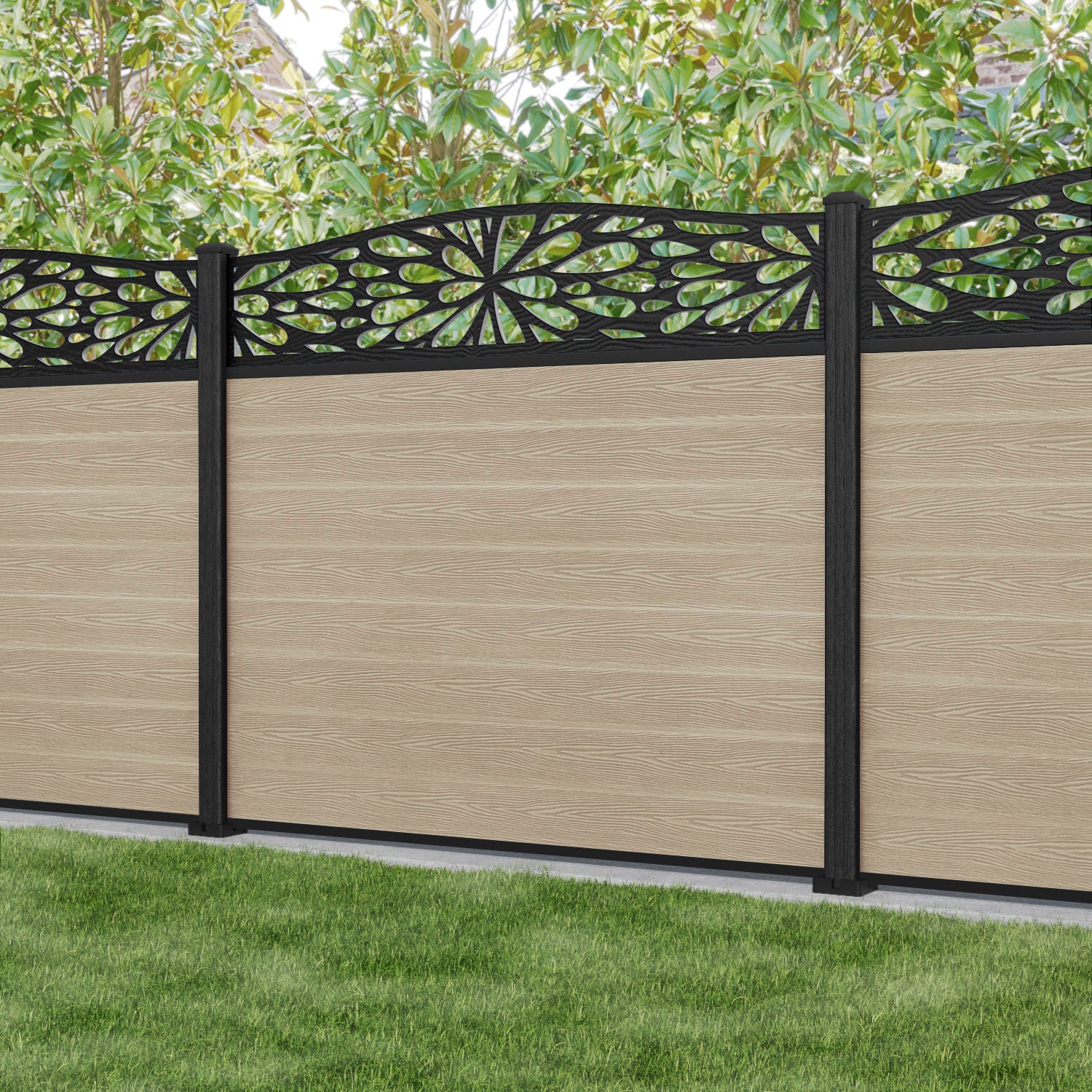 Classic Blossom Curved Top Fence Panel - Light Oak Composite Fencing with Durable Posts | Perfect for Garden Borders, Backyard Privacy, and Decorative Outdoor Landscaping